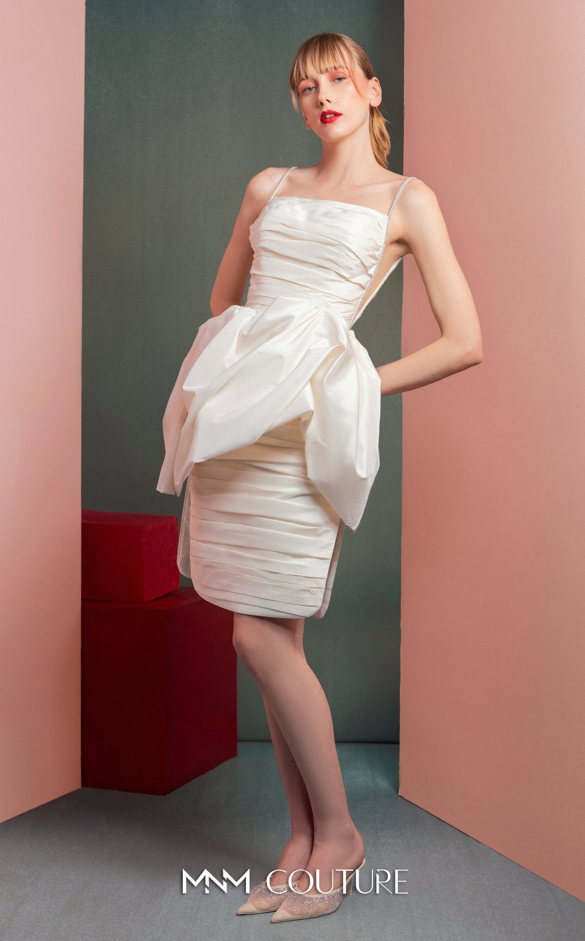 Style GOF2535 Off-White Taffeta Dress with Unique Draping and Mesh Sides