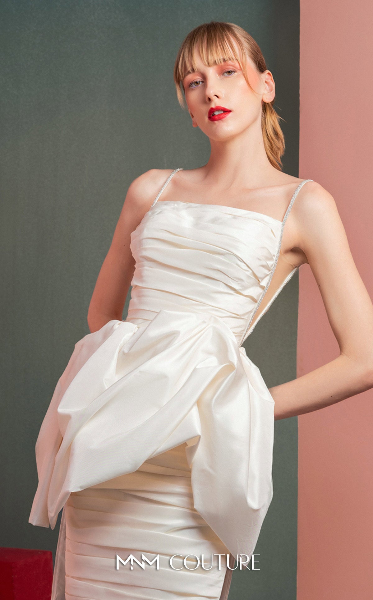 Style GOF2535 Off-White Taffeta Dress with Unique Draping and Mesh Sides