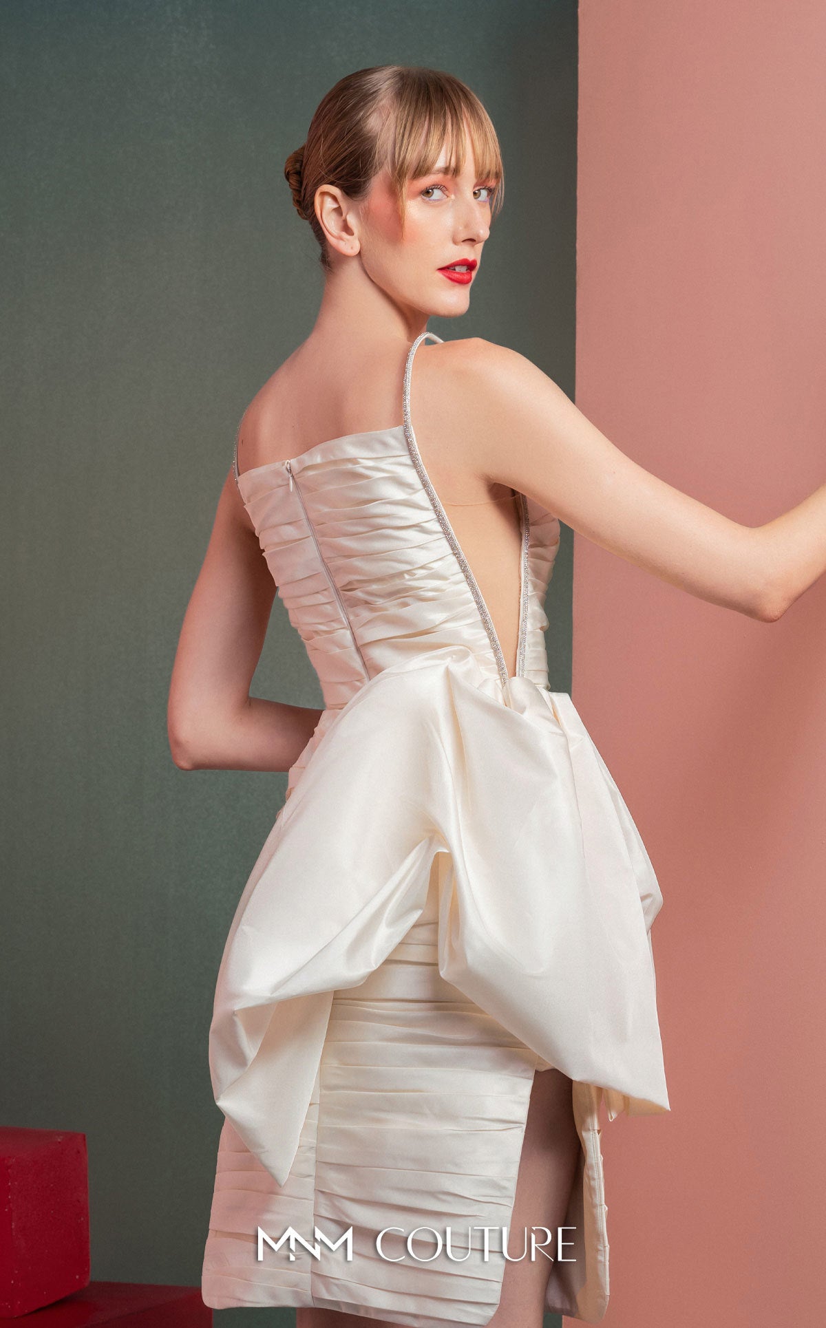 Style GOF2535 Off-White Taffeta Dress with Unique Draping and Mesh Sides