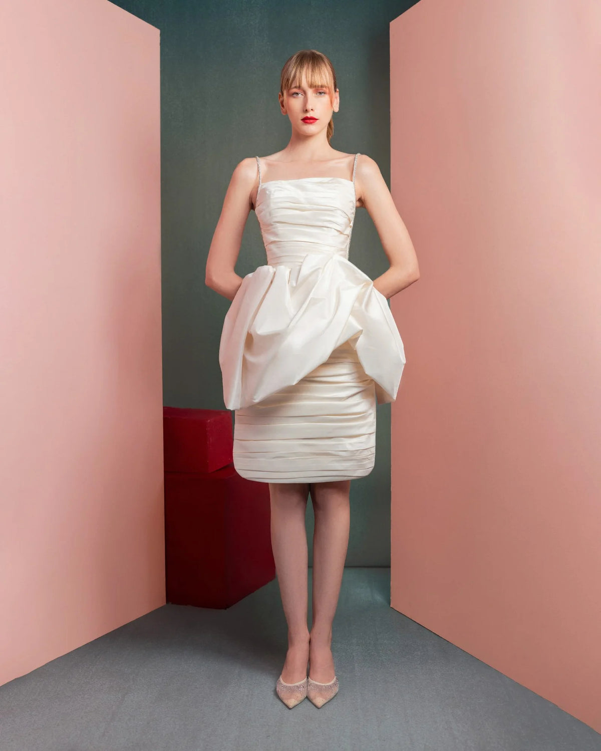 Style GOF2535 Off-White Taffeta Dress with Unique Draping and Mesh Sides