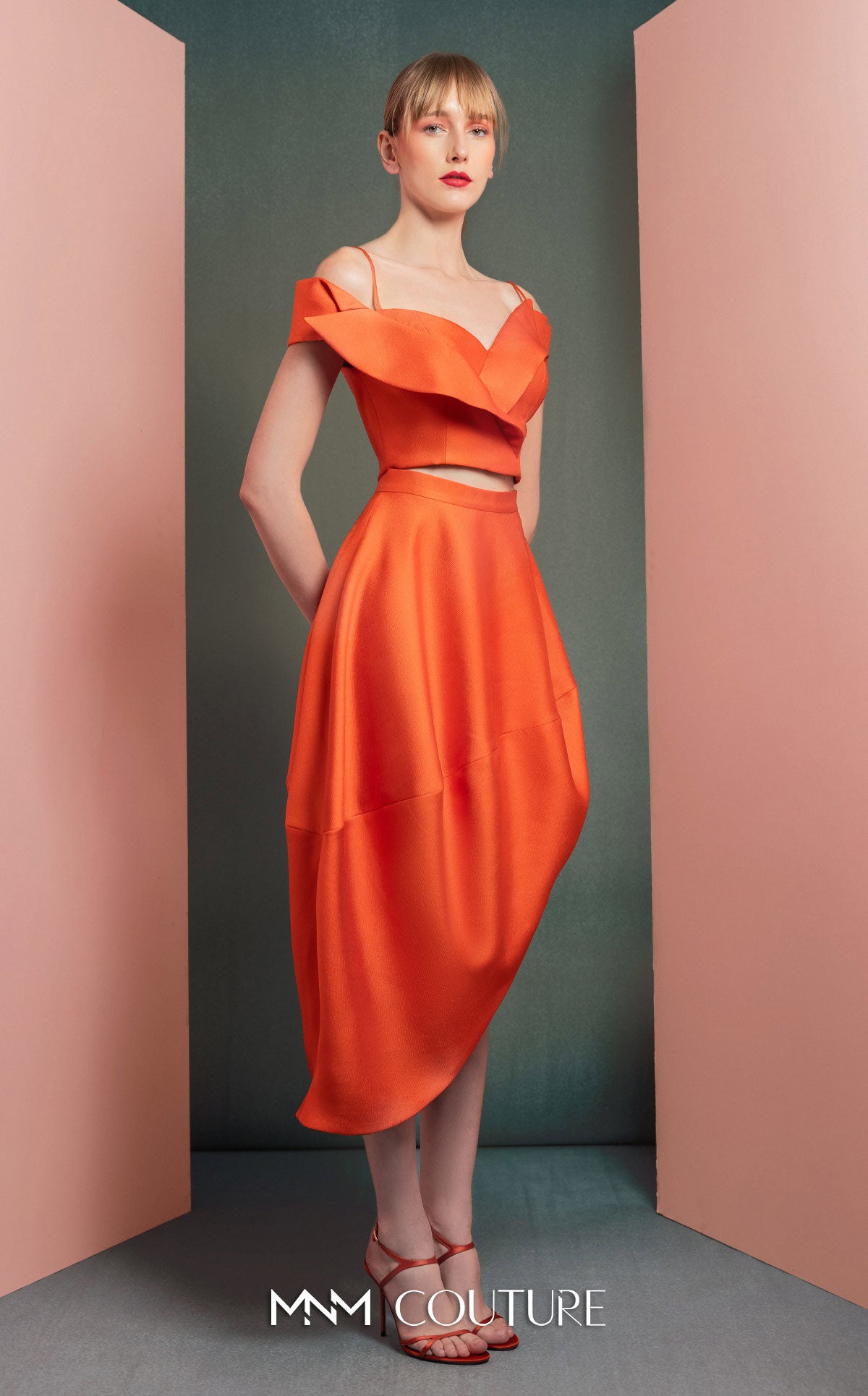 Style GOF2537 Vibrant Orange Off-Shoulder Cropped Top Asymmetrical High-Low Skirt with Elegant Draping