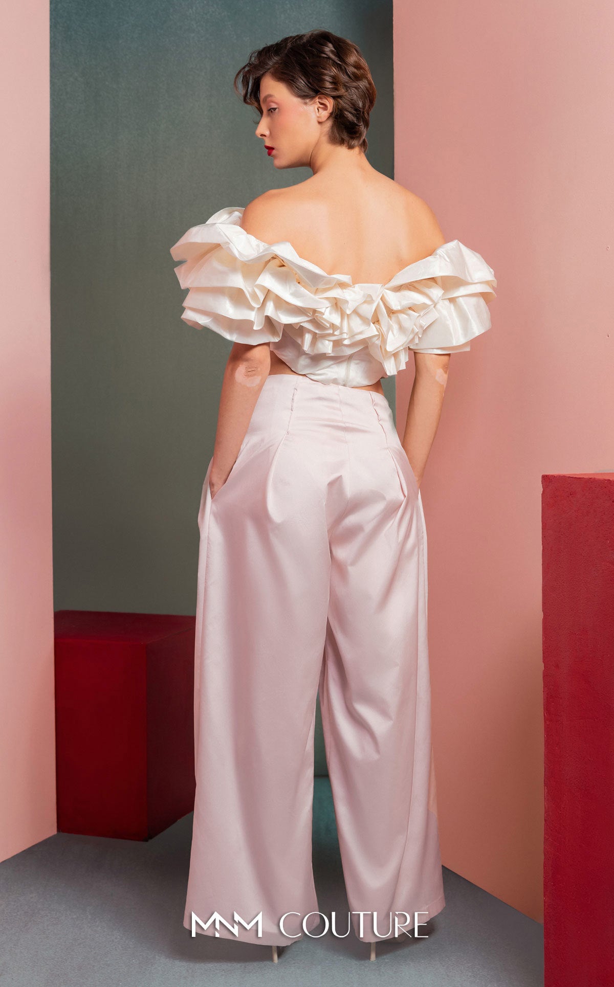 Style GOF2538 Luxurious Pearly Crop Top Ruffled Shoulders High-Waisted Wide-Leg Pants
