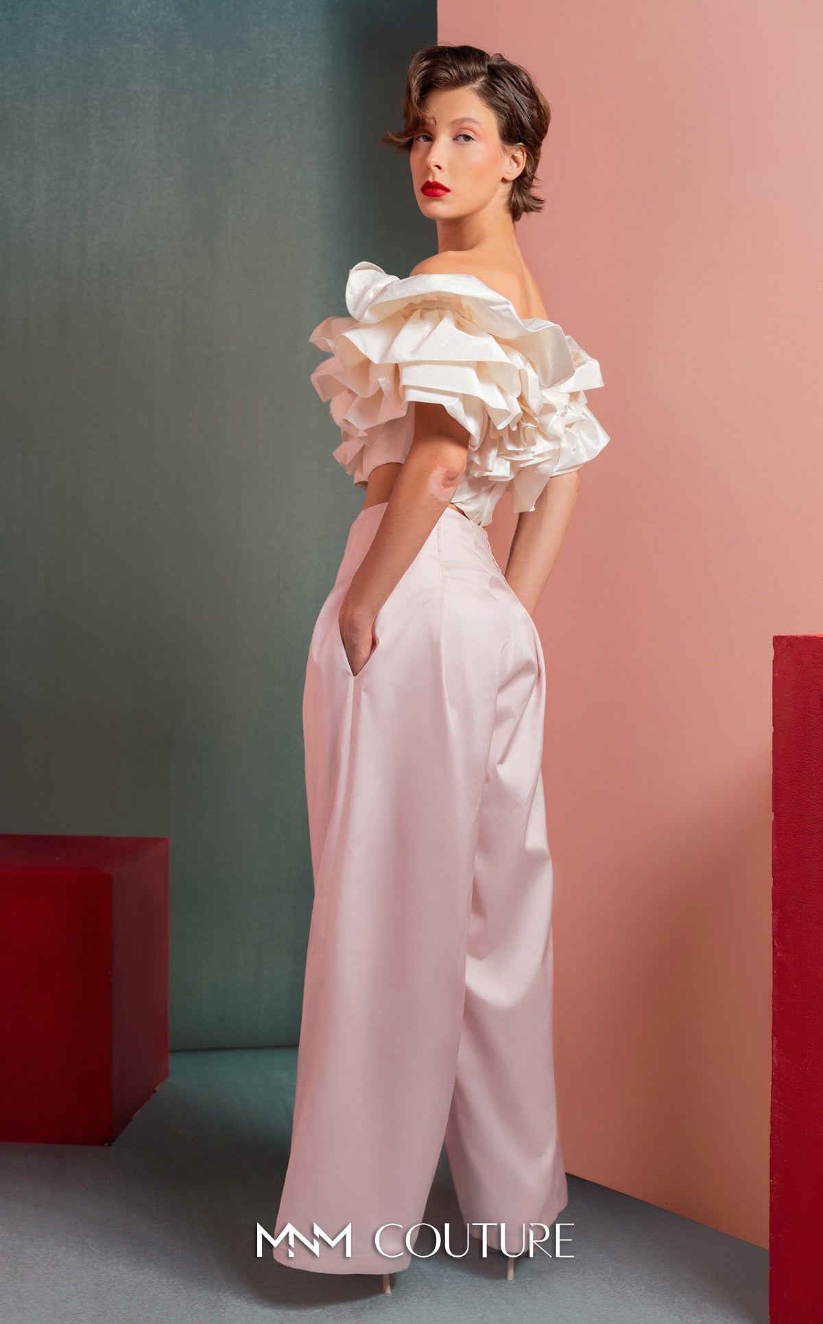 Style GOF2538 Luxurious Pearly Crop Top Ruffled Shoulders High-Waisted Wide-Leg Pants