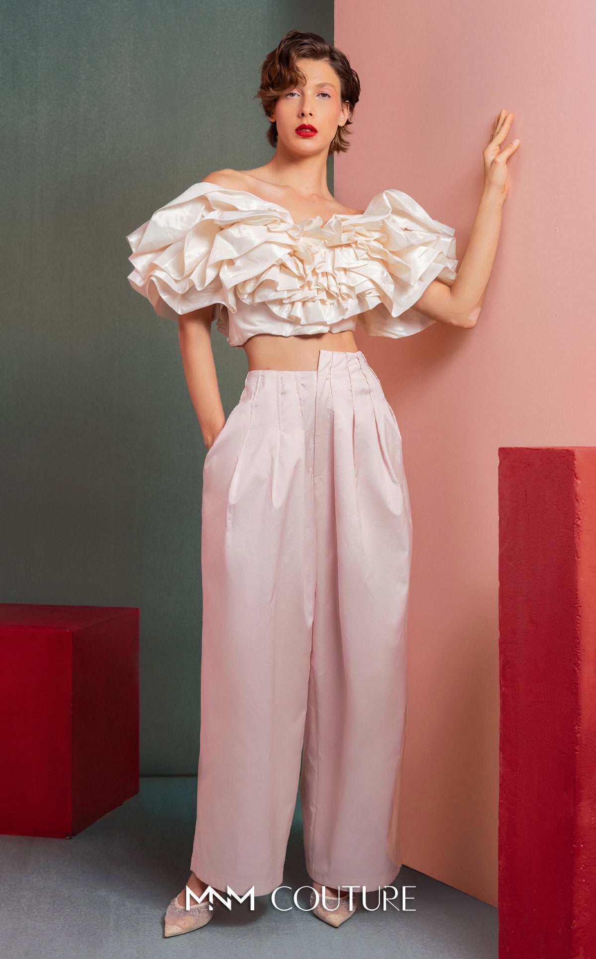 Style GOF2538 Luxurious Pearly Crop Top Ruffled Shoulders High-Waisted Wide-Leg Pants