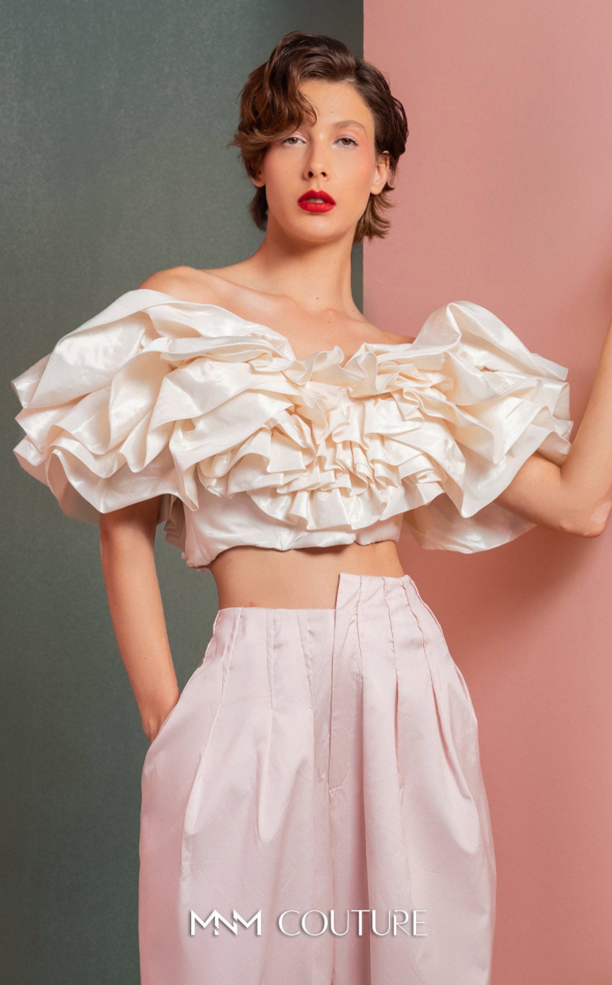 Style GOF2538 Luxurious Pearly Crop Top Ruffled Shoulders High-Waisted Wide-Leg Pants