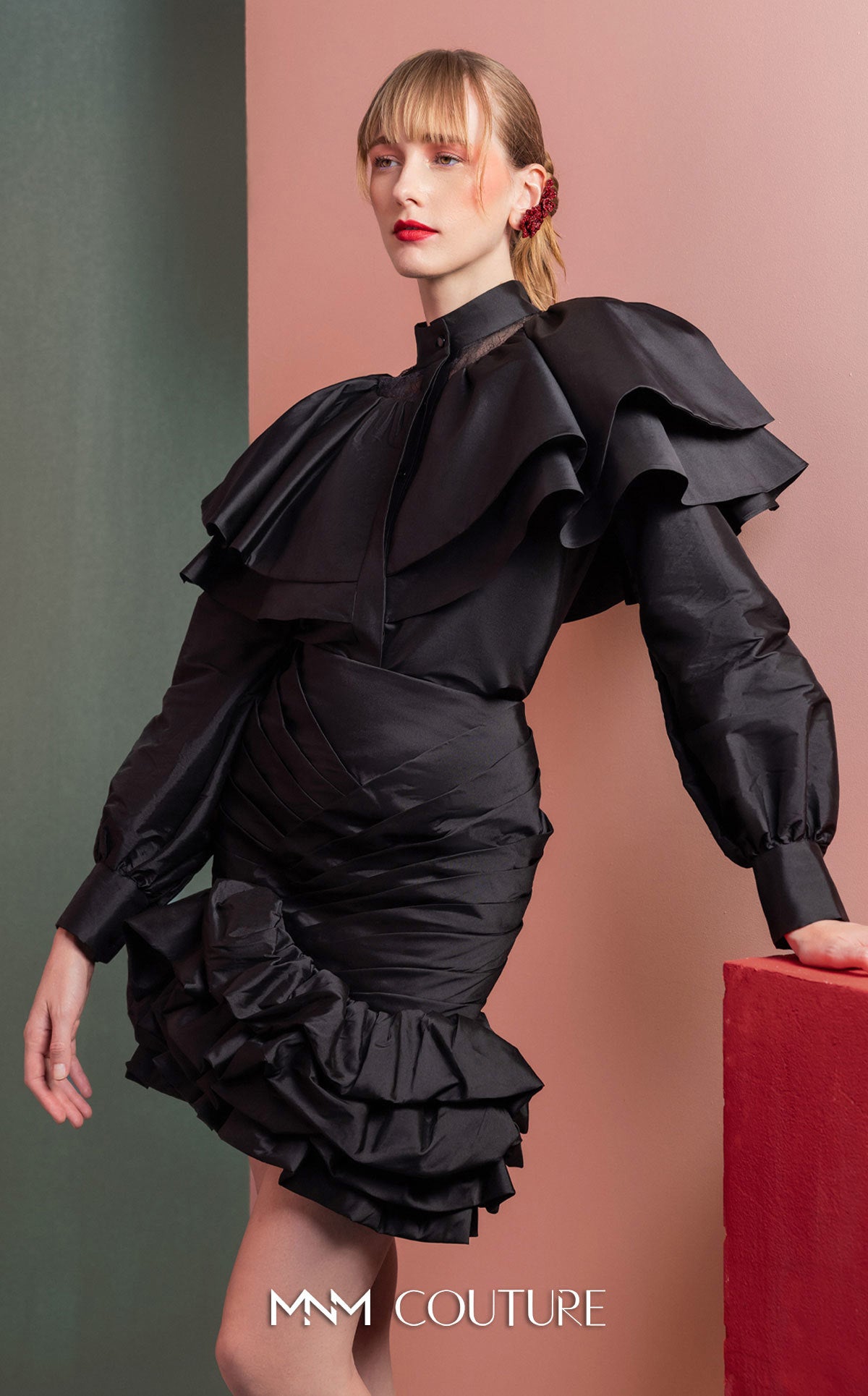 Style GOF2539 Dramatic Ruffled Blouse with Sheer Accents Elegant Ruffled Skirt with Ruched Detailing