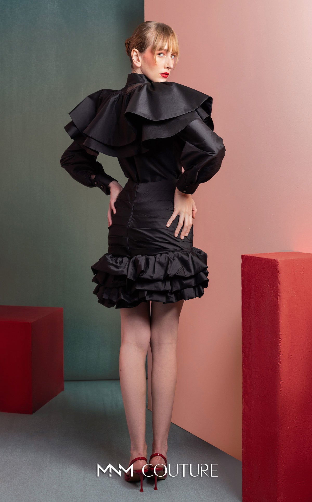 Style GOF2539 Dramatic Ruffled Blouse with Sheer Accents Elegant Ruffled Skirt with Ruched Detailing