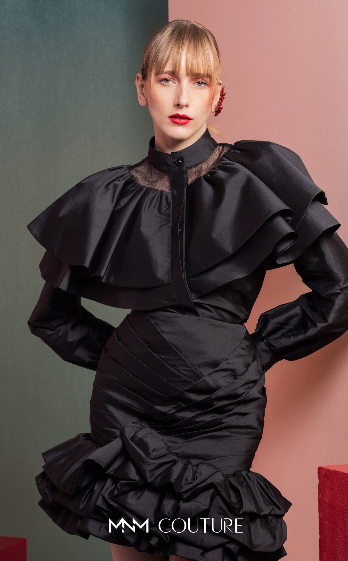 Style GOF2539 Dramatic Ruffled Blouse with Sheer Accents Elegant Ruffled Skirt with Ruched Detailing