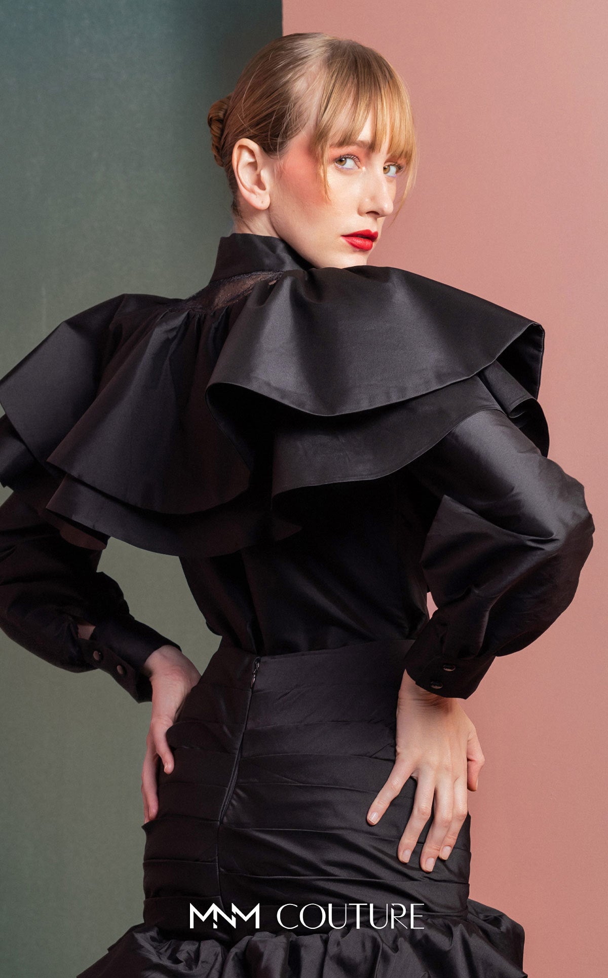 Style GOF2539 Dramatic Ruffled Blouse with Sheer Accents Elegant Ruffled Skirt with Ruched Detailing