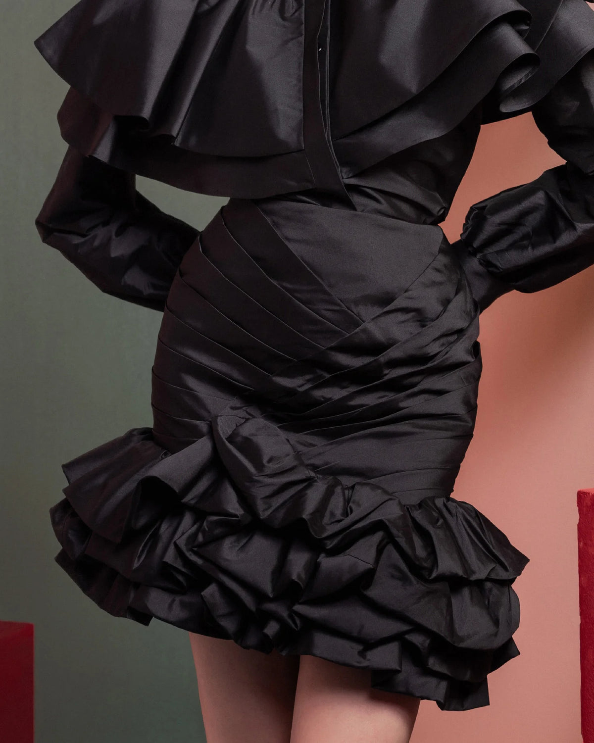 Style GOF2539 Dramatic Ruffled Blouse with Sheer Accents Elegant Ruffled Skirt with Ruched Detailing
