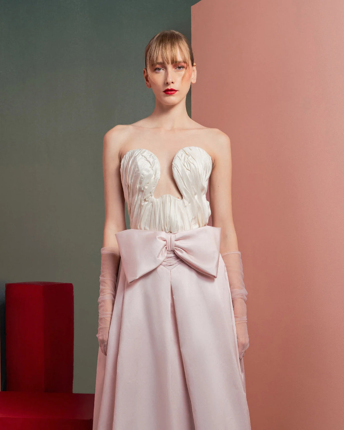 Style GOF2540 Structured Bust Taffeta Corset with Delicate Drapery Elegant Taffeta Skirt