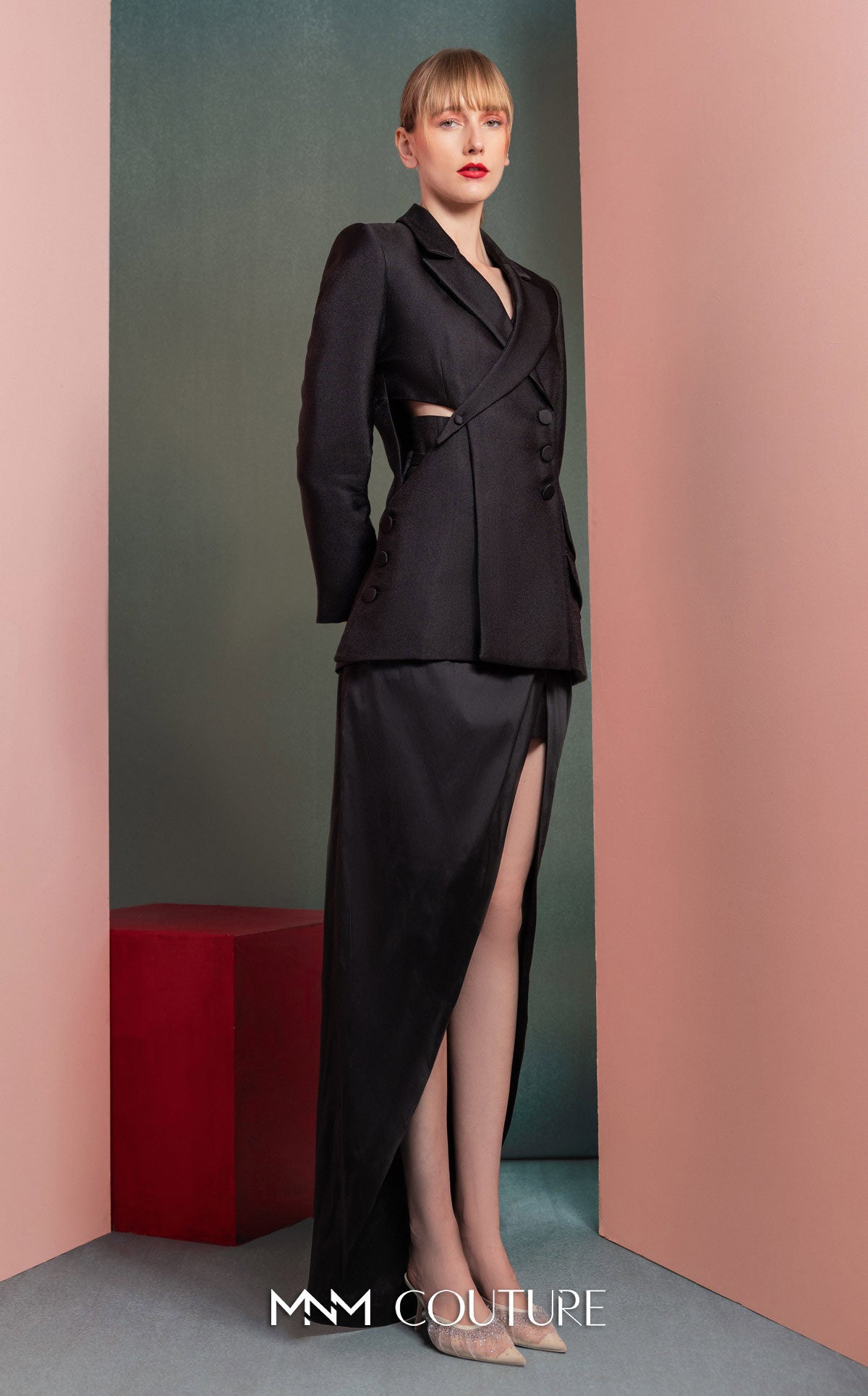 Style GOF2542 Structured Asymmetrical Blazer with Cut-Outs & Skirt