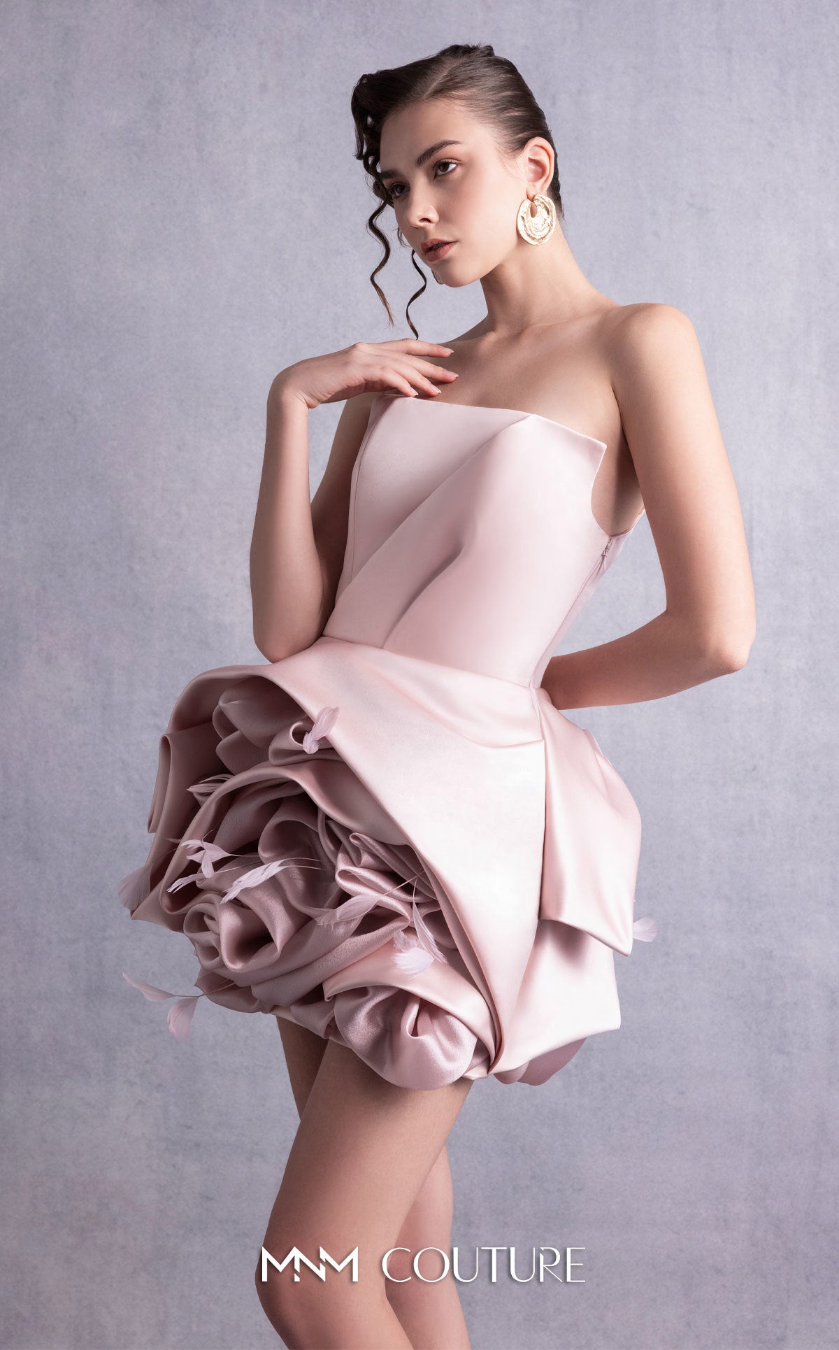 Style GOS2502 Striking Pink Strapless Dress with Lavish Feathered Ruffled Skirt