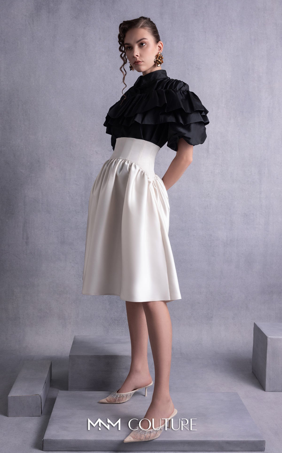 Style GOS2506 Cascading Ruffles Black Taffeta Top Gold Skirt