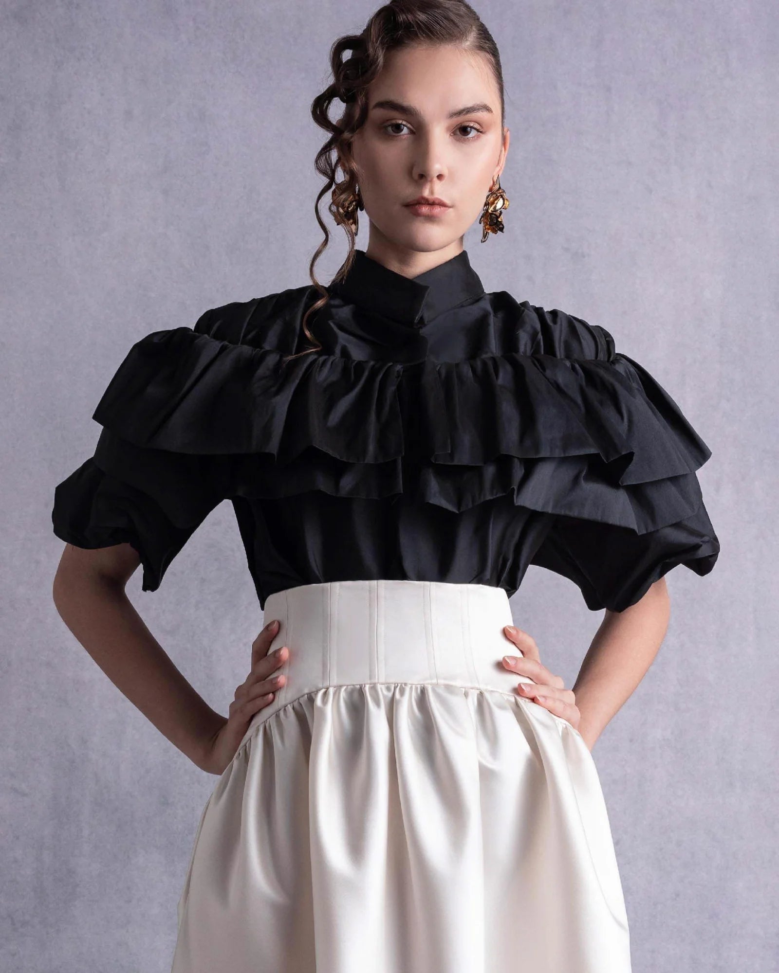 Style GOS2506 Cascading Ruffles Black Taffeta Top Gold Skirt
