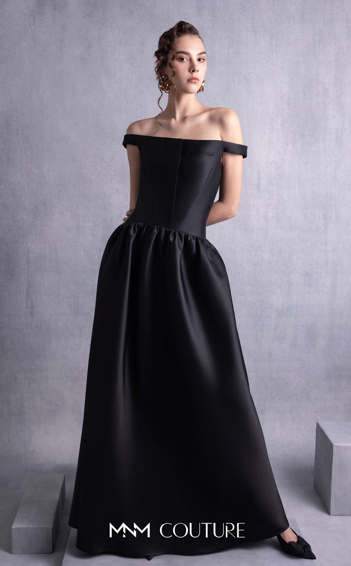 Style GOS2507 Elegant Thin Off-Shoulder Black Mikado Piqué Dress