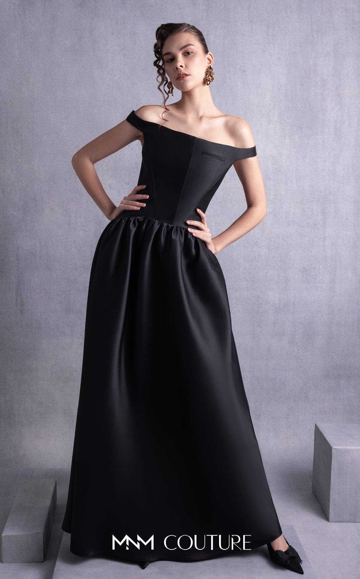 Style GOS2507 Elegant Thin Off-Shoulder Black Mikado Piqué Dress