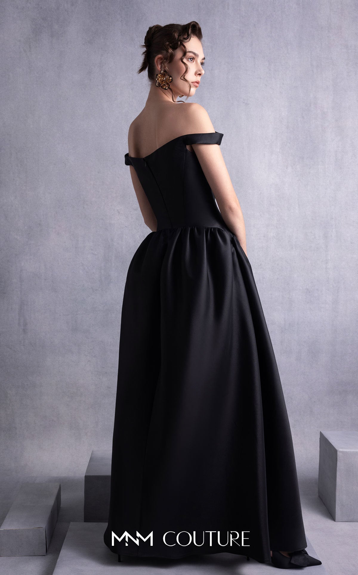 Style GOS2507 Elegant Thin Off-Shoulder Black Mikado Piqué Dress