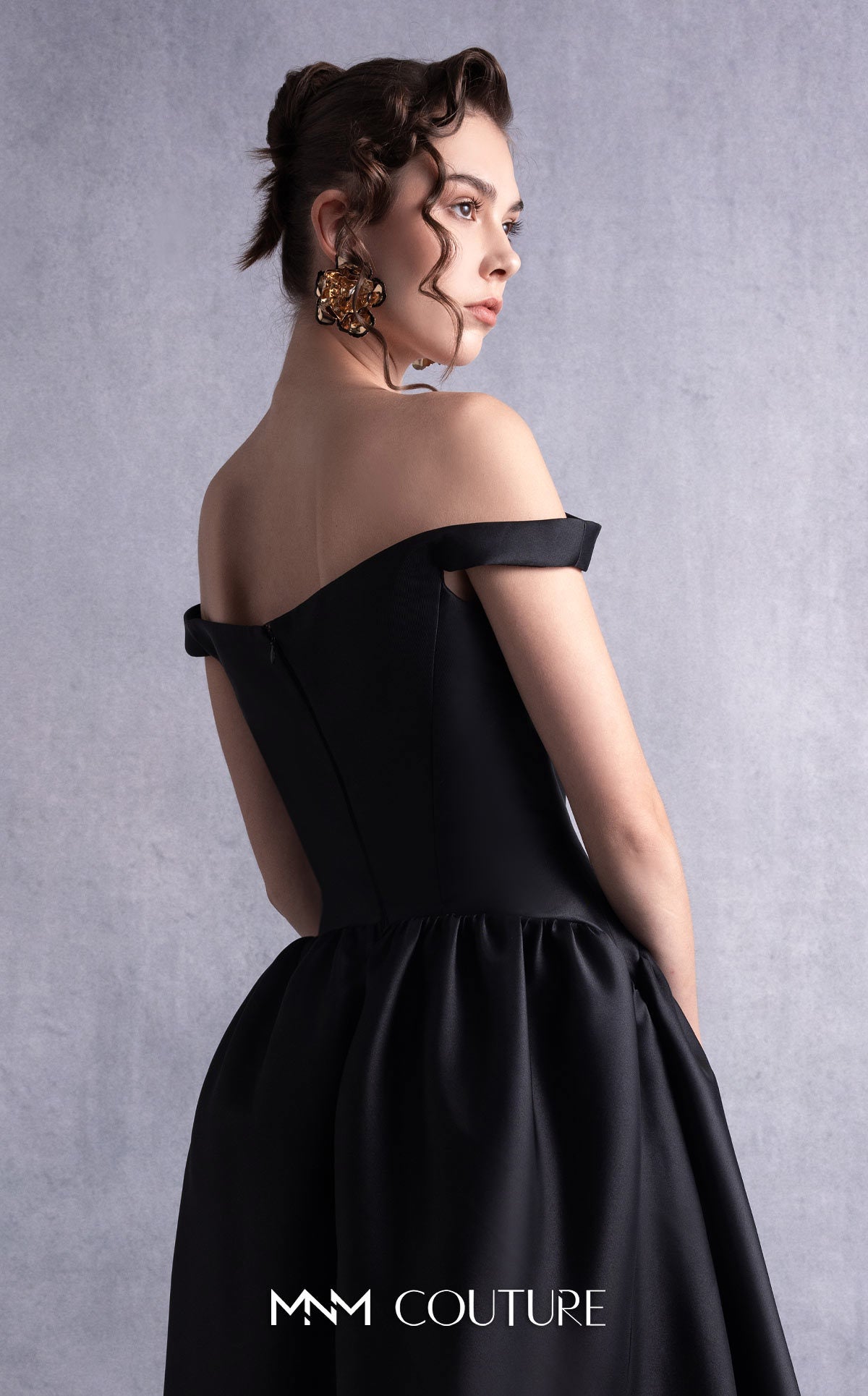 Style GOS2507 Elegant Thin Off-Shoulder Black Mikado Piqué Dress