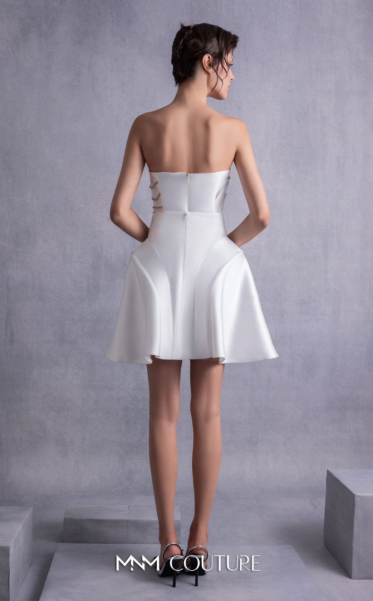 Style GOS2508 Structured Crystal-Trims Piqué Corset Top Flared Off-White Piqué Skirt