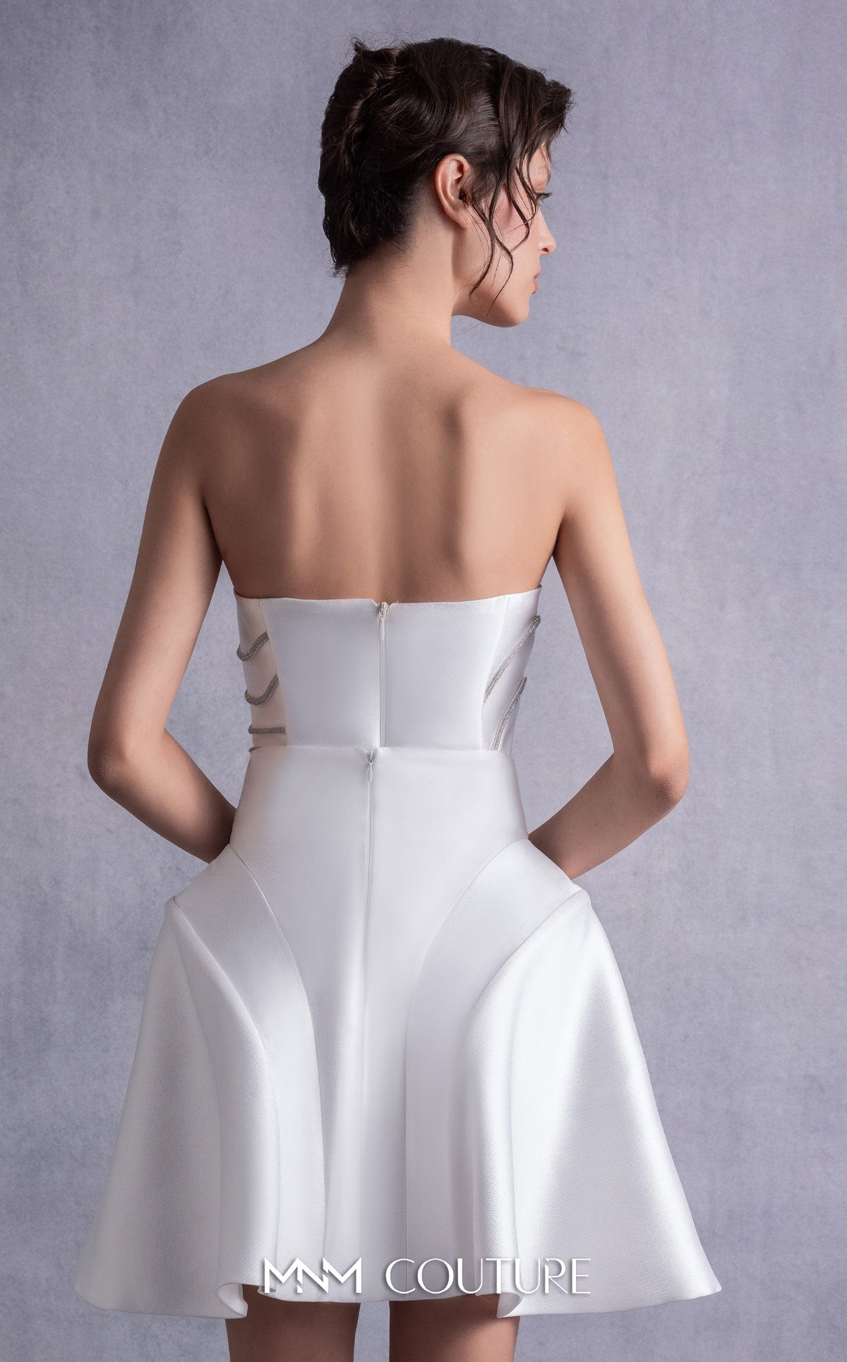 Style GOS2508 Structured Crystal-Trims Piqué Corset Top Flared Off-White Piqué Skirt