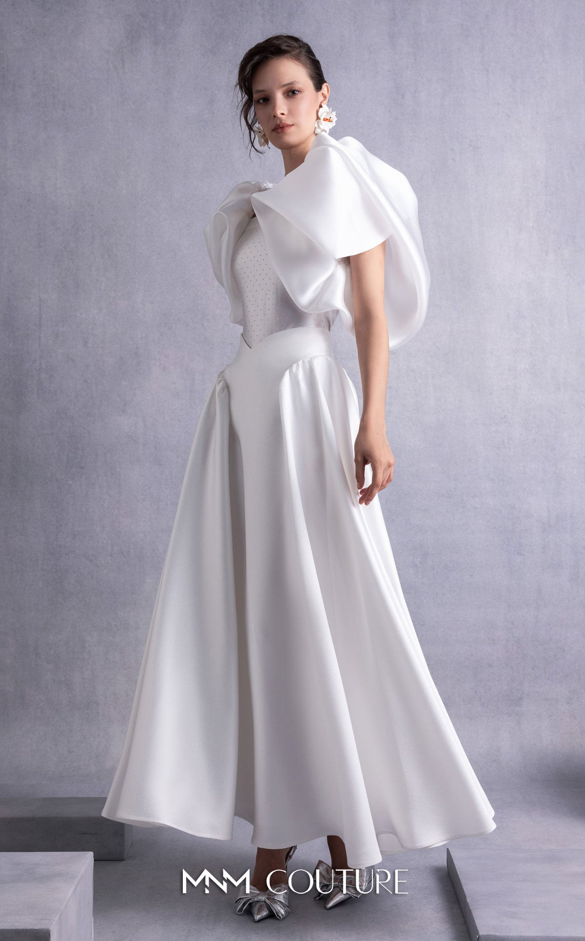 Style GOS2510 Crystal-Dotted Jersey Body with Petal-like Organza Shoulders Piqué Midi Skirt