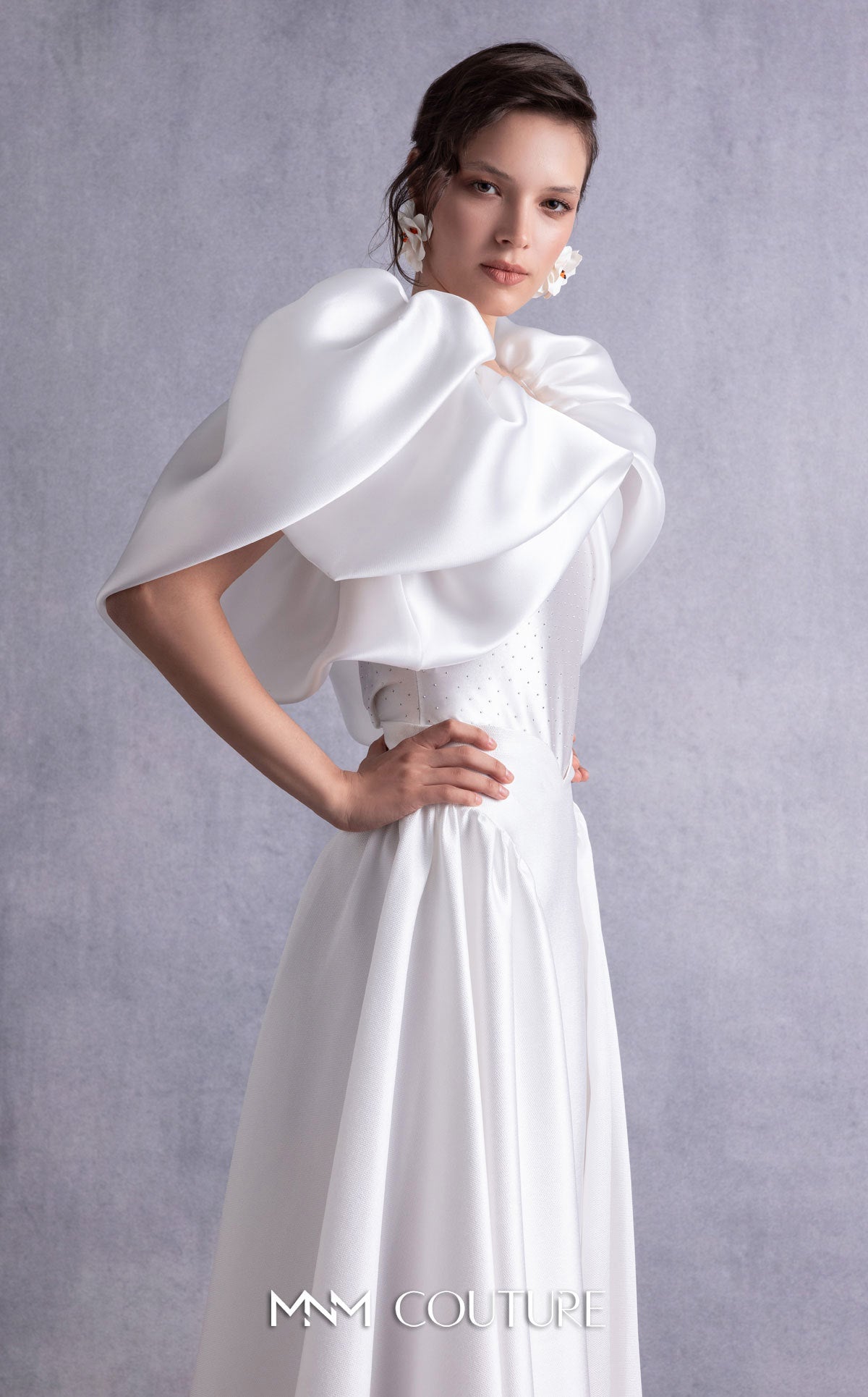 Style GOS2510 Crystal-Dotted Jersey Body with Petal-like Organza Shoulders Piqué Midi Skirt