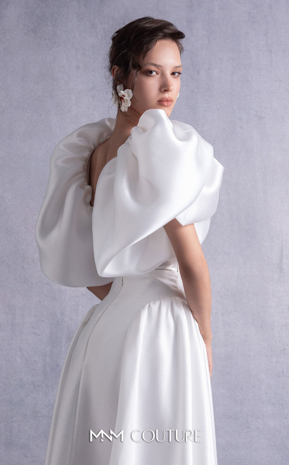 Style GOS2510 Crystal-Dotted Jersey Body with Petal-like Organza Shoulders Piqué Midi Skirt