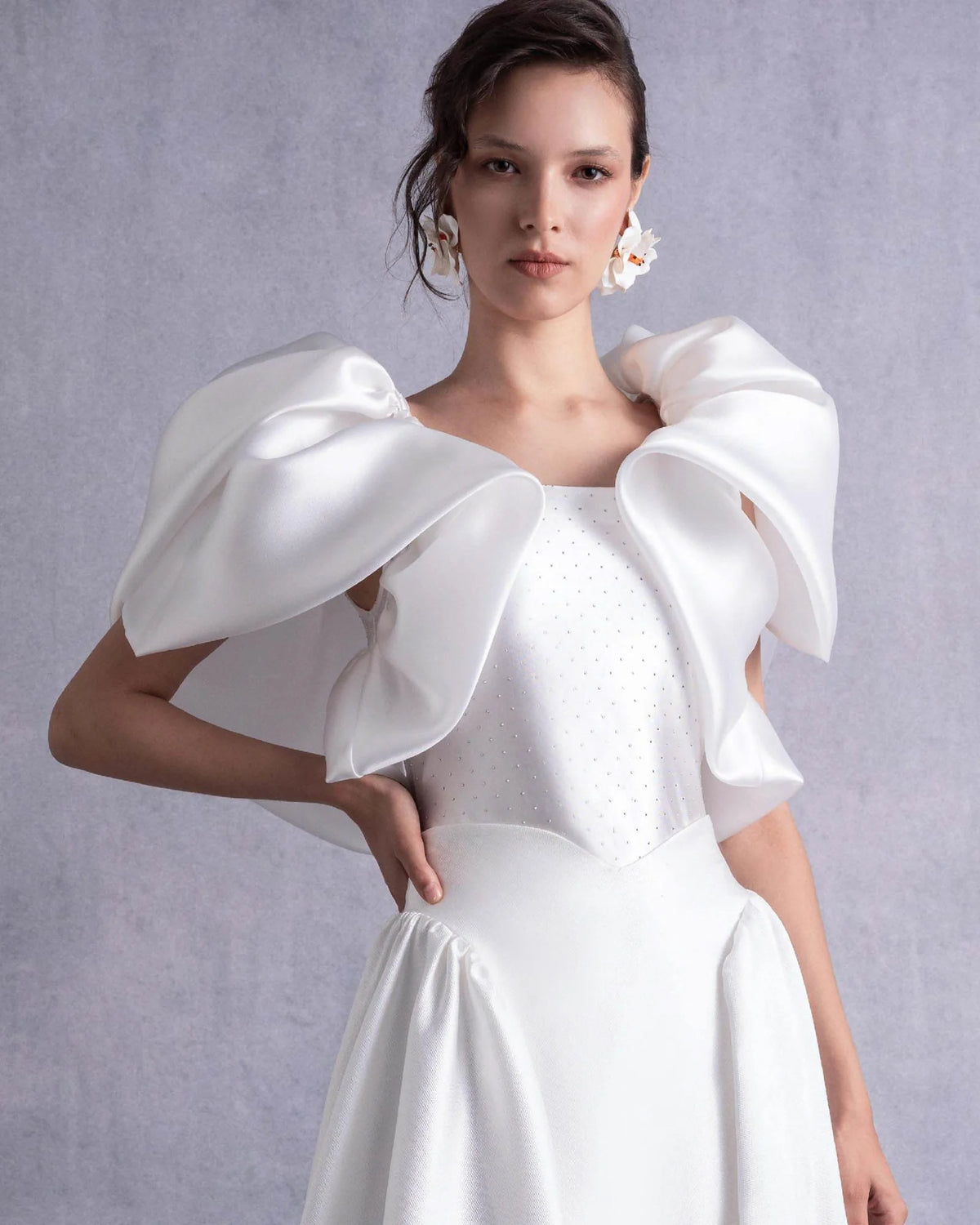 Style GOS2510 Crystal-Dotted Jersey Body with Petal-like Organza Shoulders Piqué Midi Skirt