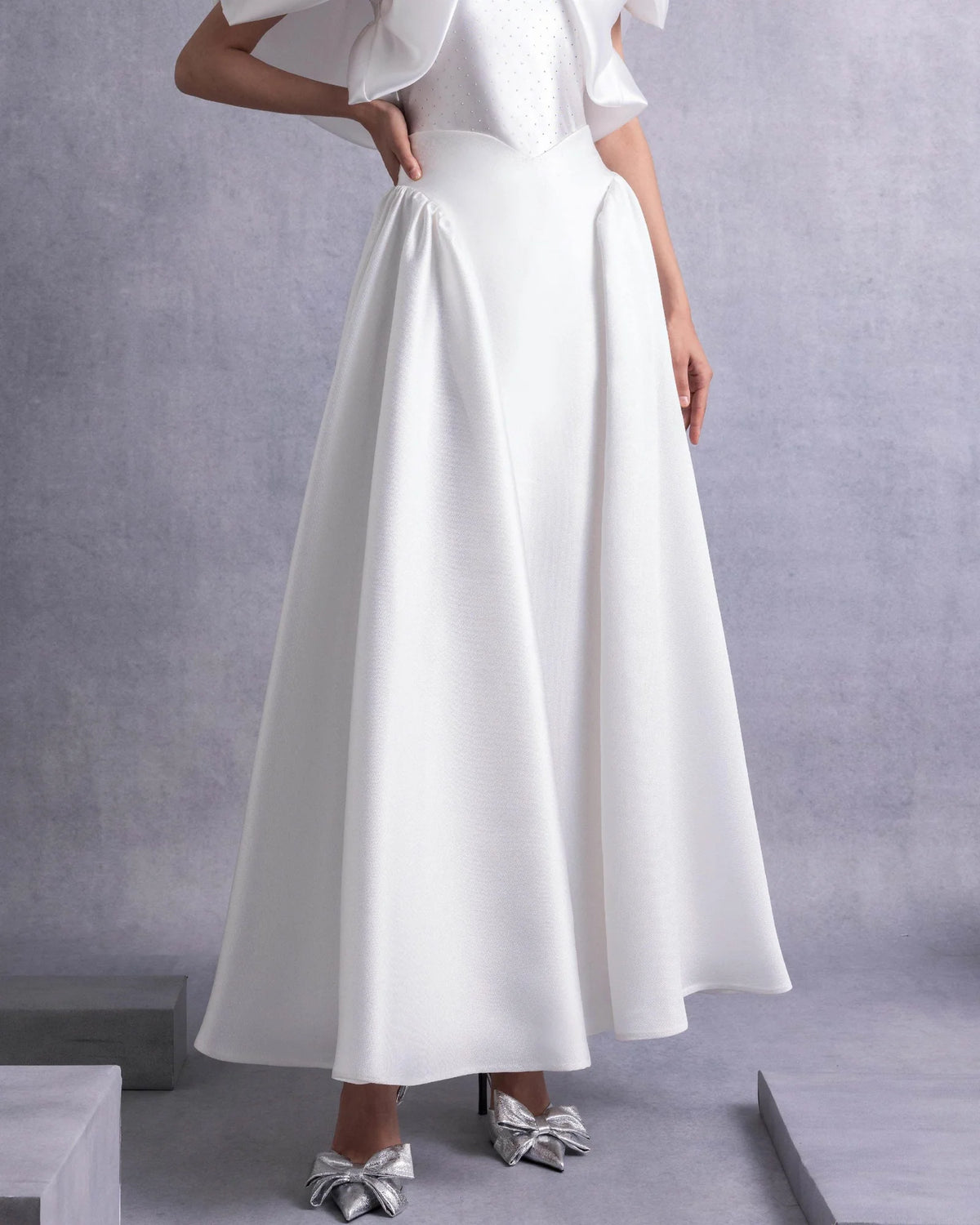 Style GOS2510 Crystal-Dotted Jersey Body with Petal-like Organza Shoulders Piqué Midi Skirt