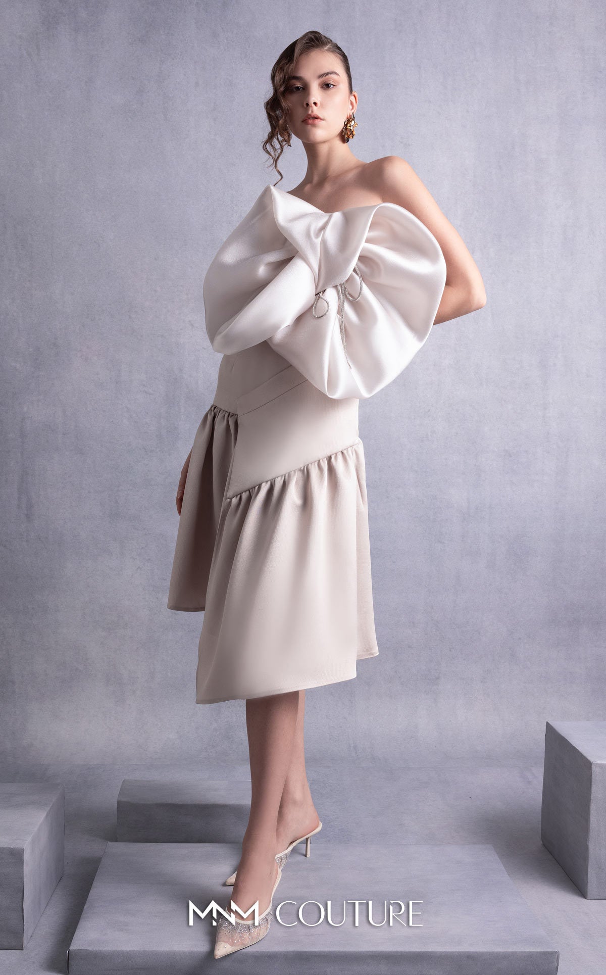 Style GOS2512 Gold Champagne Piqué Dress with Organza Bust and Crystal Embellishments