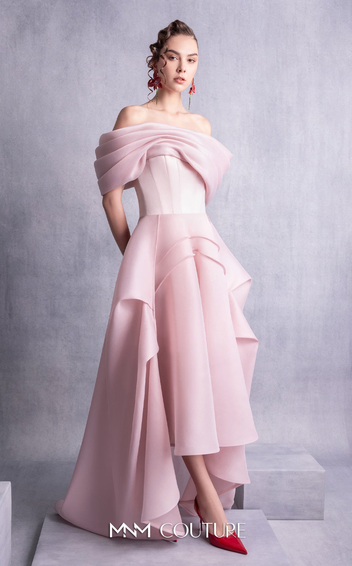 Style GOS2513 Elegant Layered Off-Shoulder Pink Organza Dress