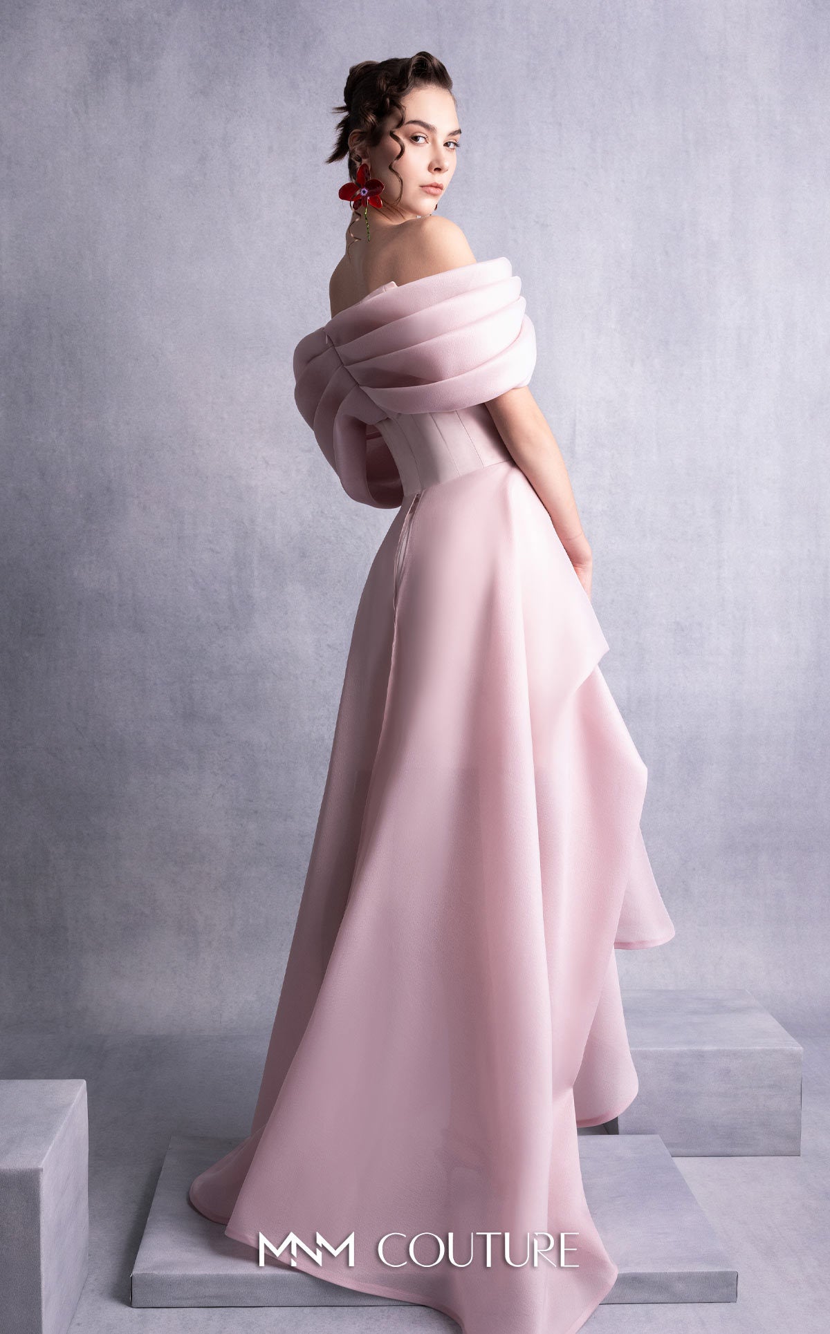 Style GOS2513 Elegant Layered Off-Shoulder Pink Organza Dress
