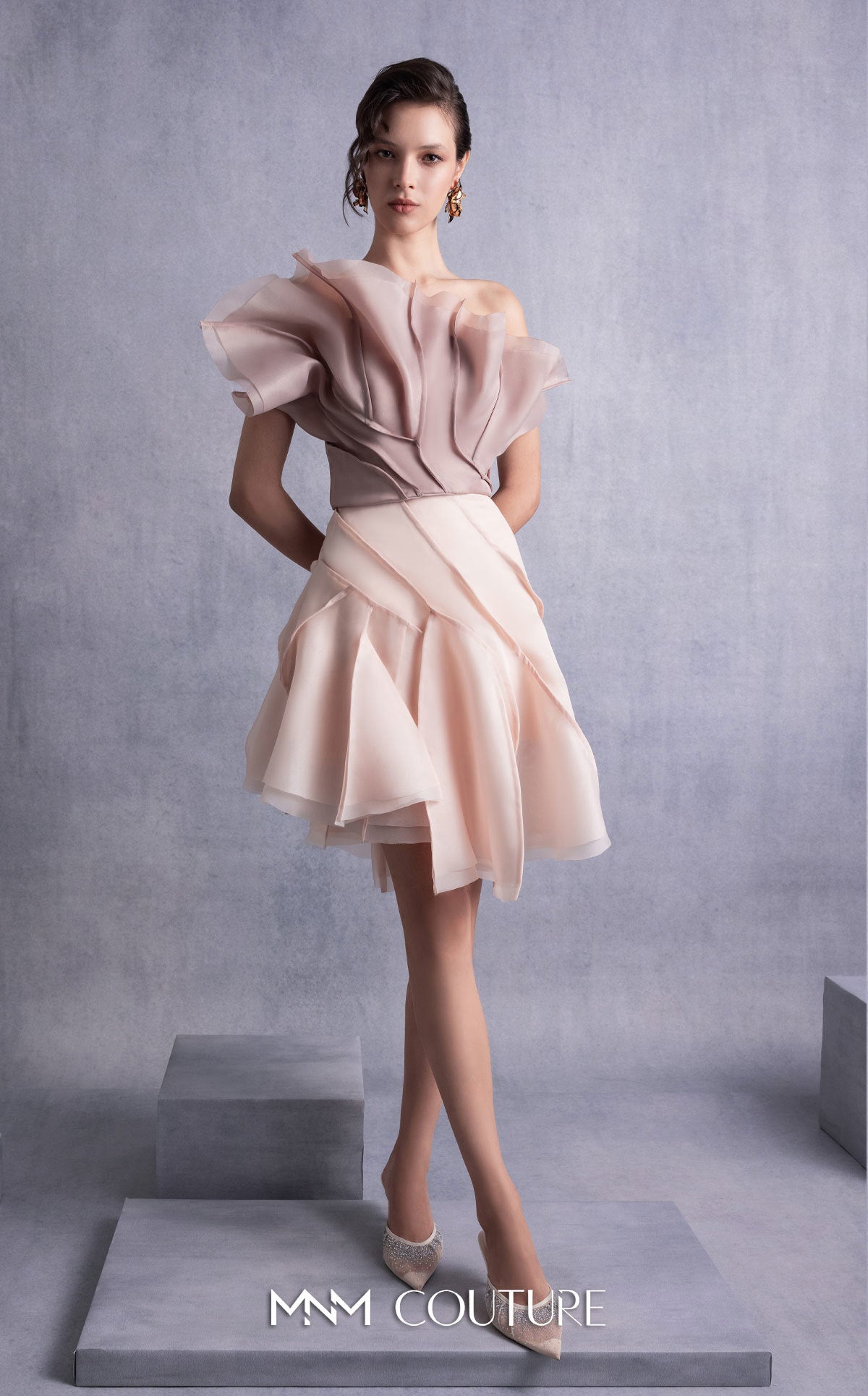 Style GOS2514 Asymmetrical Layered Nude Coffee Organza Top & Skirt