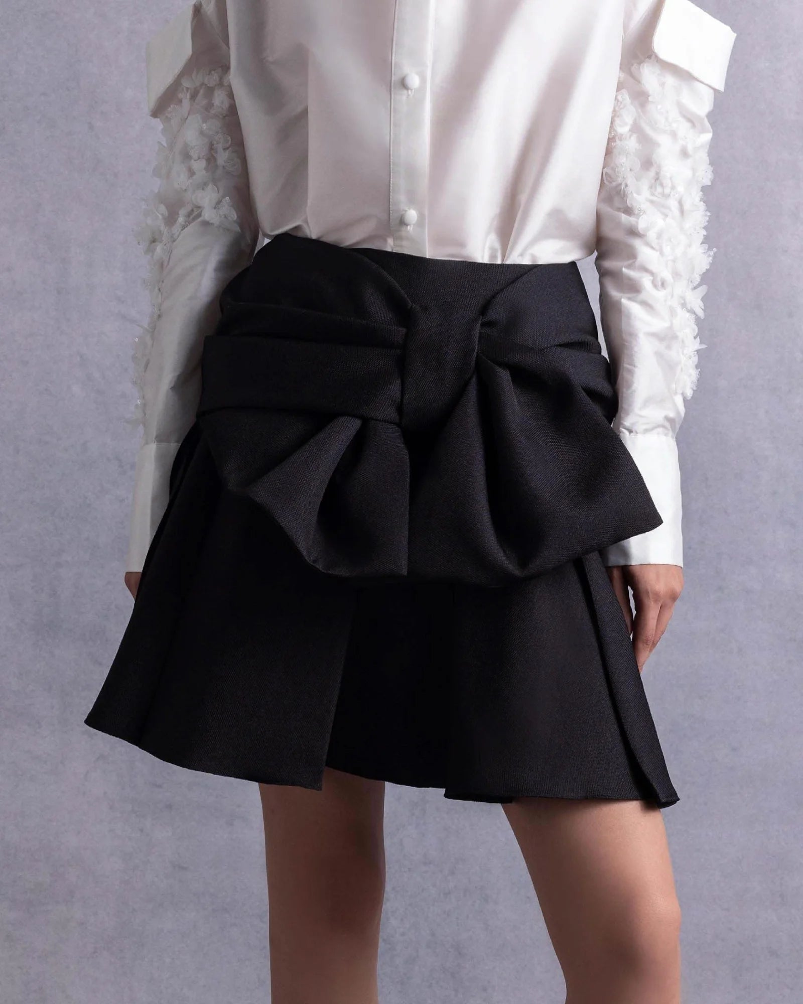 Style GOS2519 Pearly Embroidered Sleeves Off-White Taffeta Blouse Black Piqué Skirt