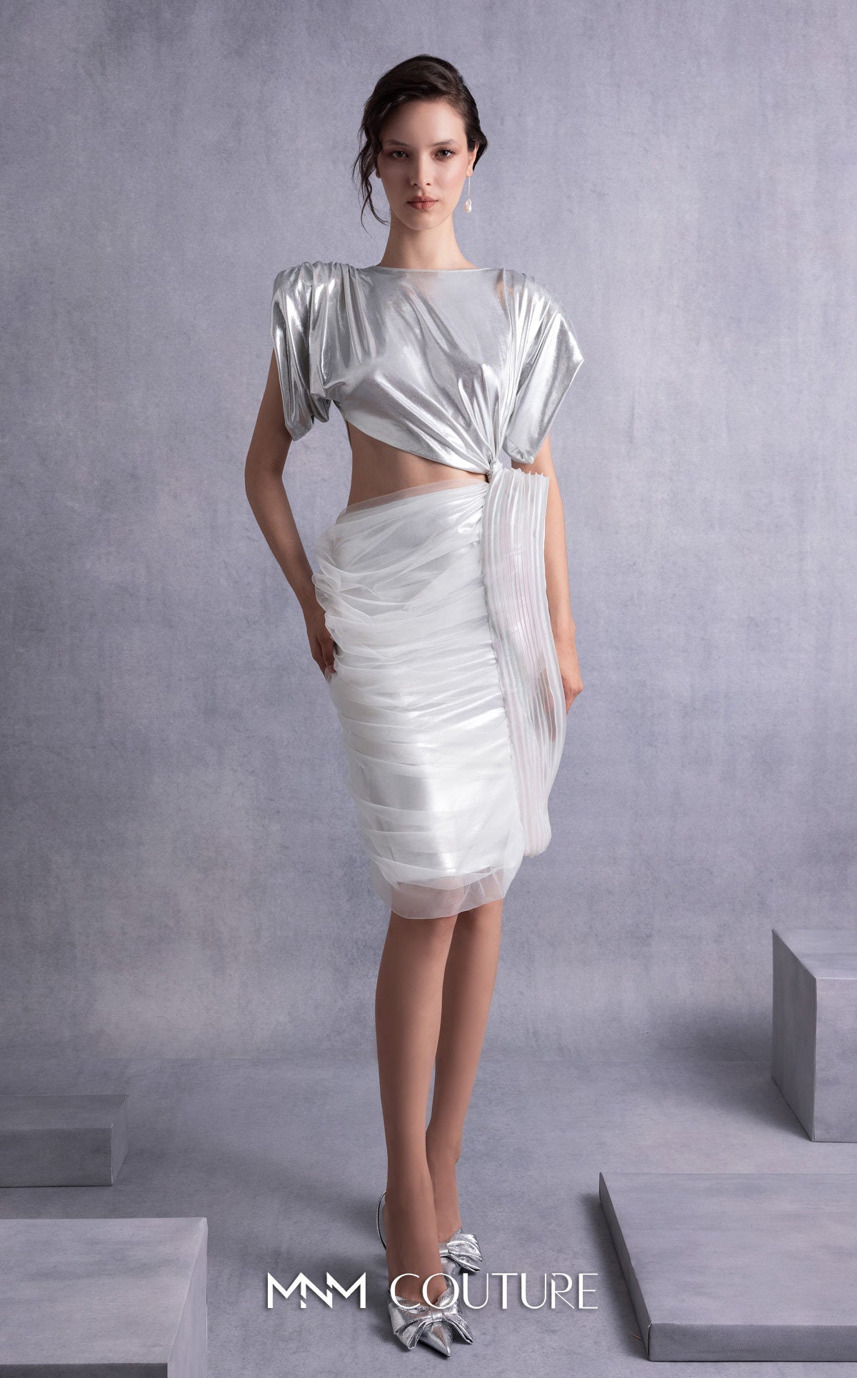 Style GOS2523 Cutout Side Knot Silver Lamé Lycra Dress