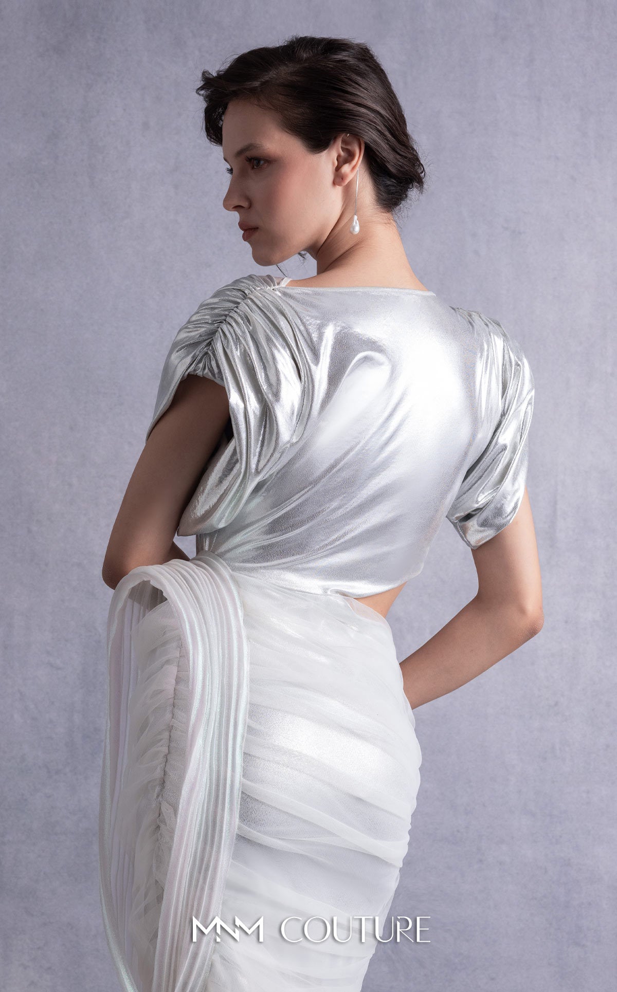 Style GOS2523 Cutout Side Knot Silver Lamé Lycra Dress