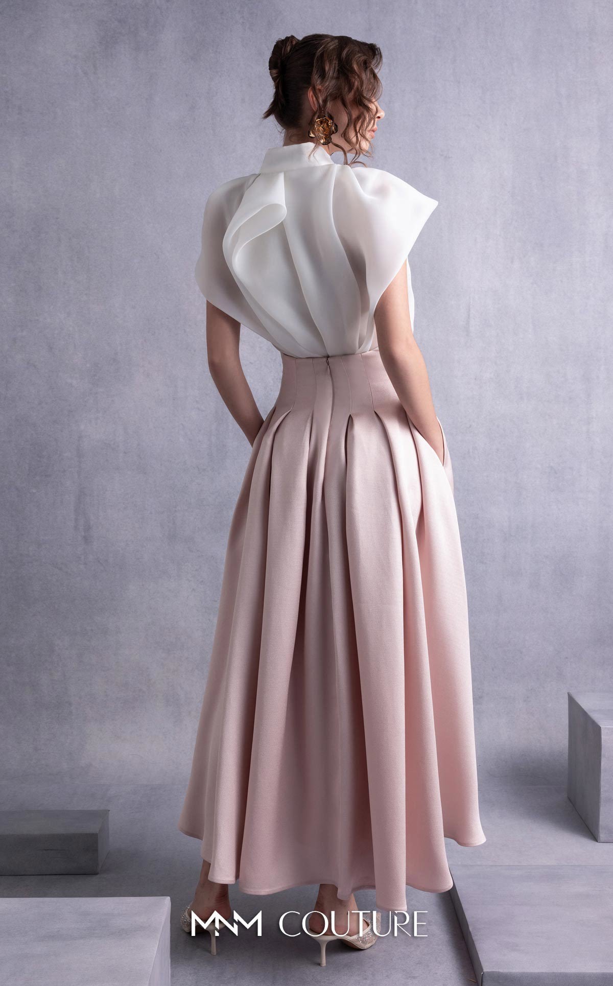 Style GOS2524 High Neck Cascading Off-White Organza Blouse Midi Skirt
