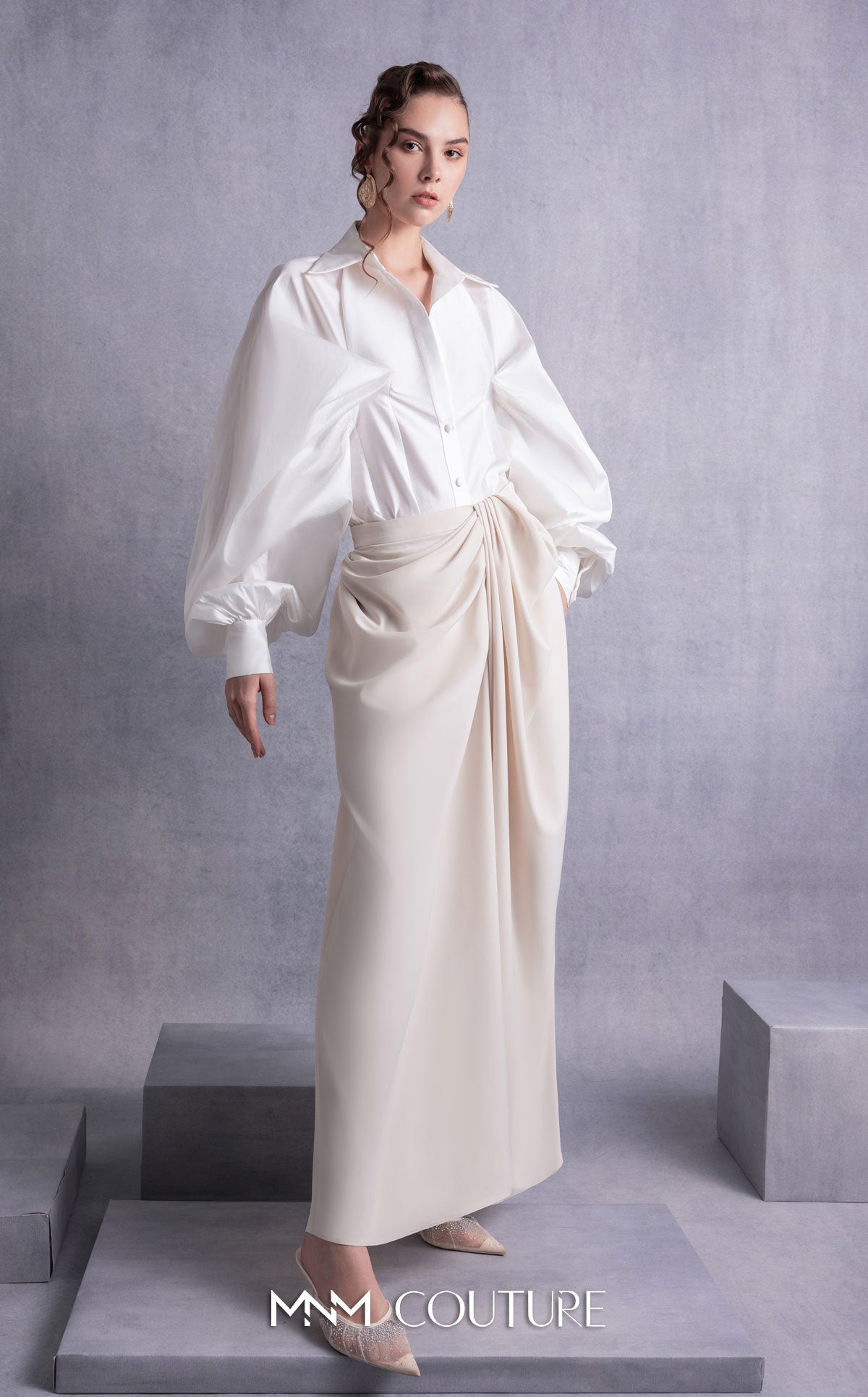 Style GOS2529 Cinched Waist Puff Sleeves Blouse Palazzo Pants