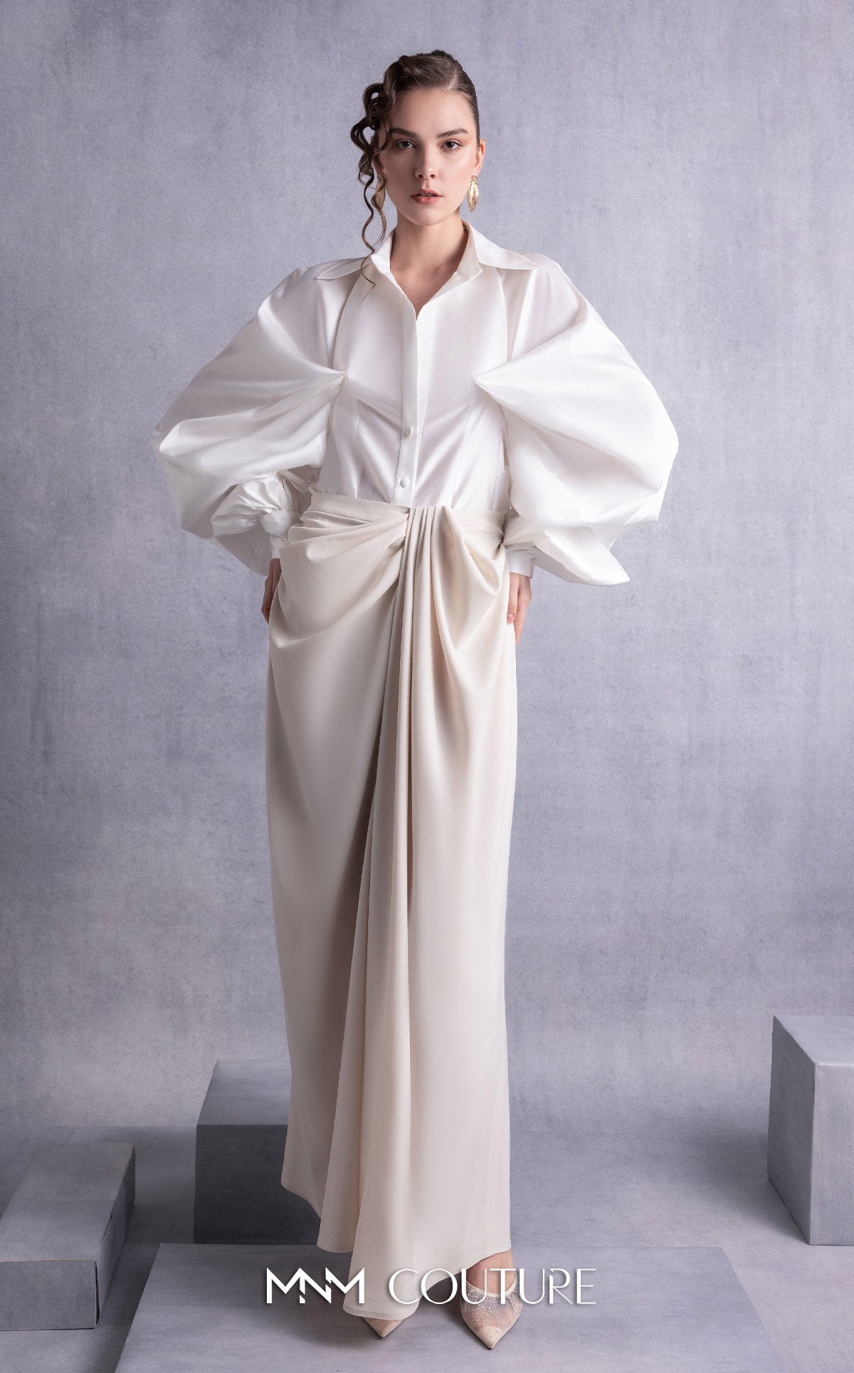 Style GOS2529 Cinched Waist Puff Sleeves Blouse Palazzo Pants