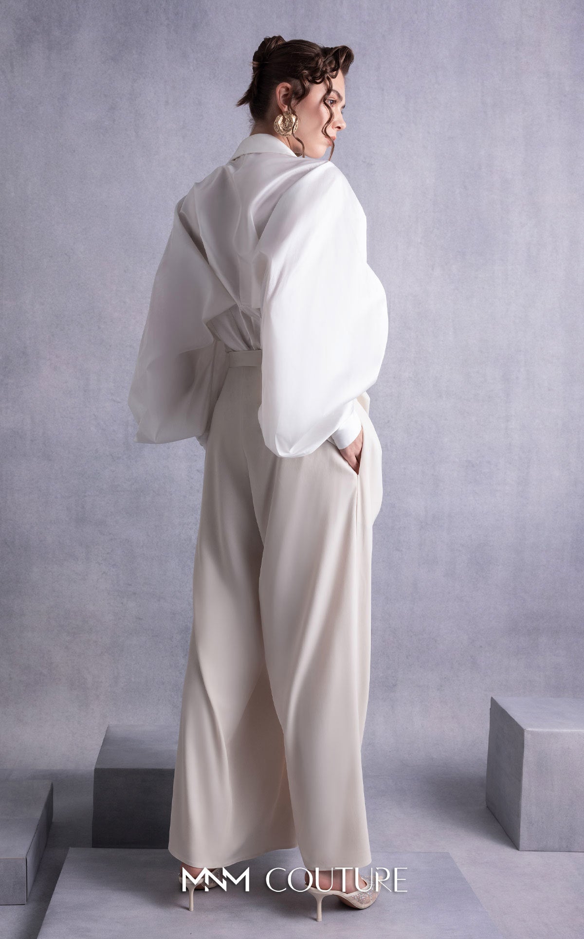 Style GOS2529 Cinched Waist Puff Sleeves Blouse Palazzo Pants