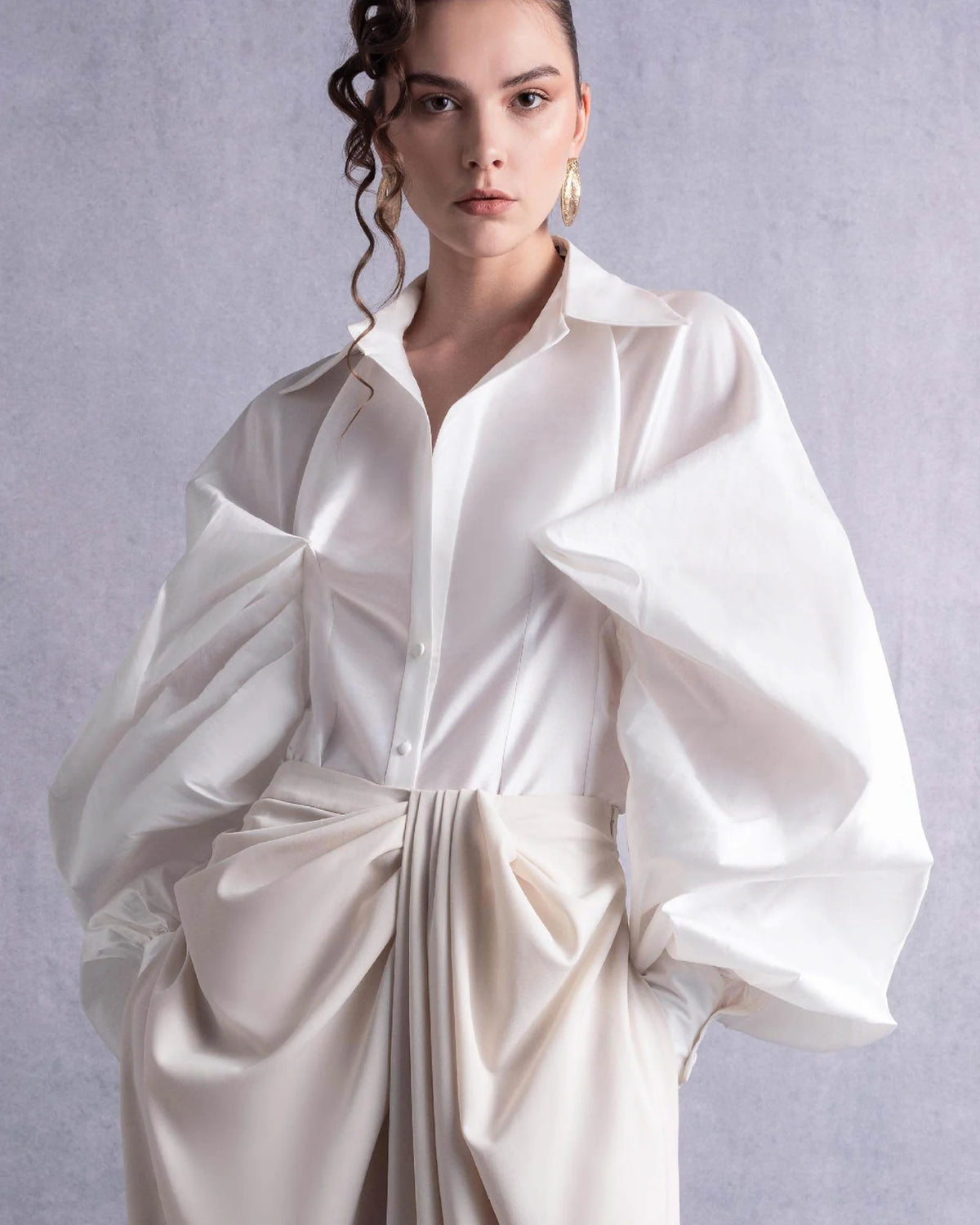 Style GOS2529 Cinched Waist Puff Sleeves Blouse Palazzo Pants