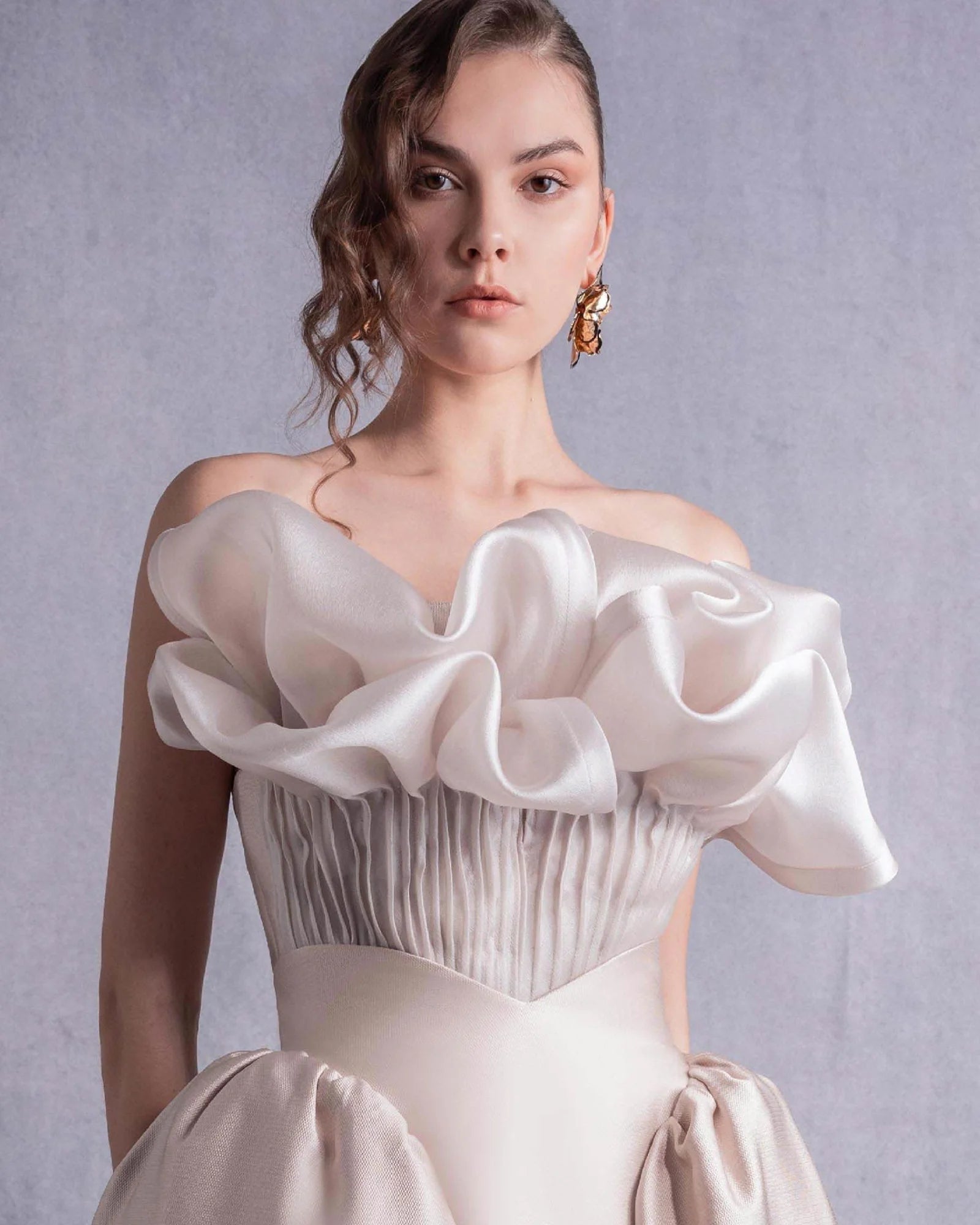 Style GOS2531 Pleated Organza Corset Top with Voluminous Neckline Manipulation Piqué Midi Skirt