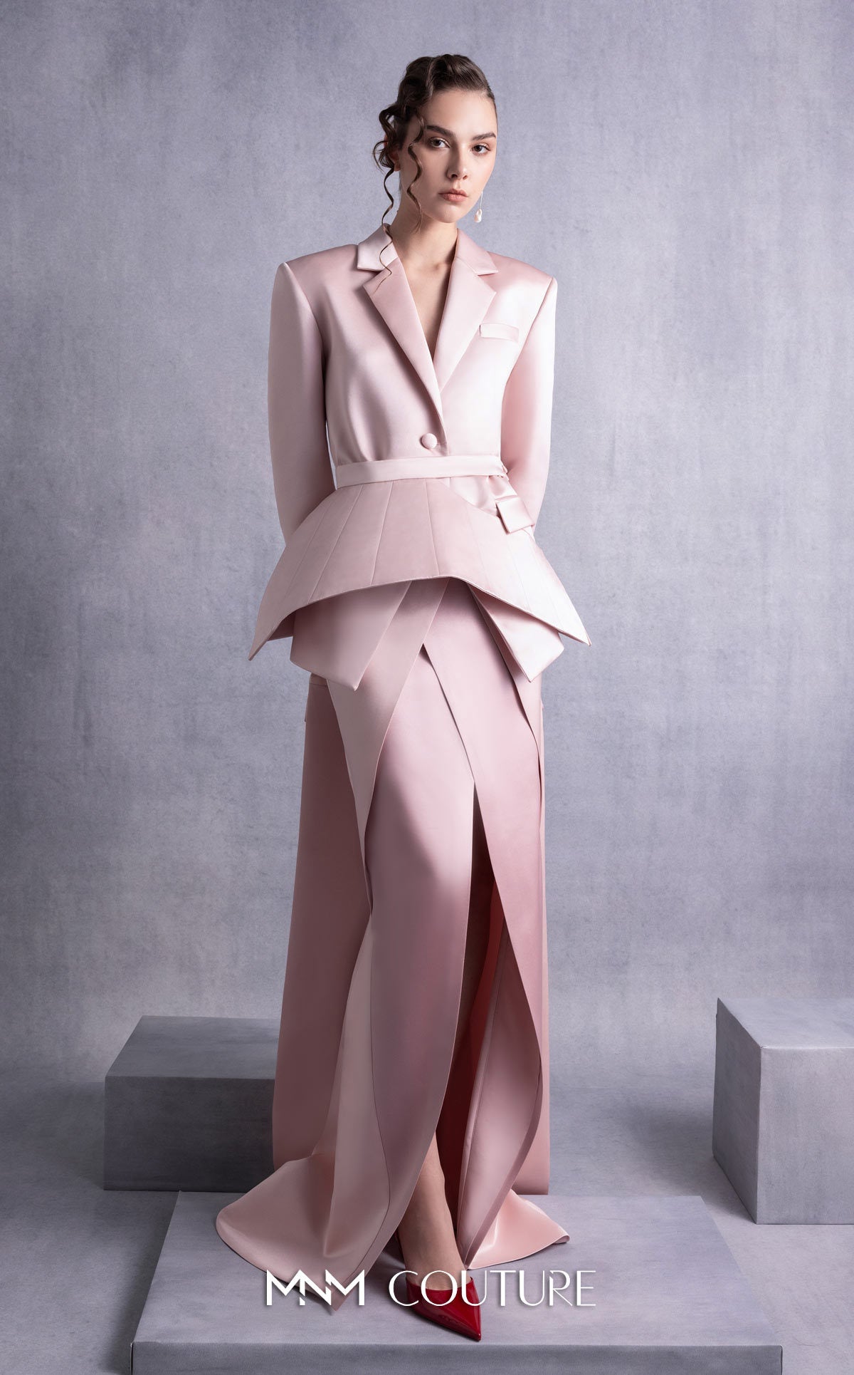 Style GOS2532 Pink Razmir Jacket with Train and Structured Peplum Belt Razmir Layered Skirt