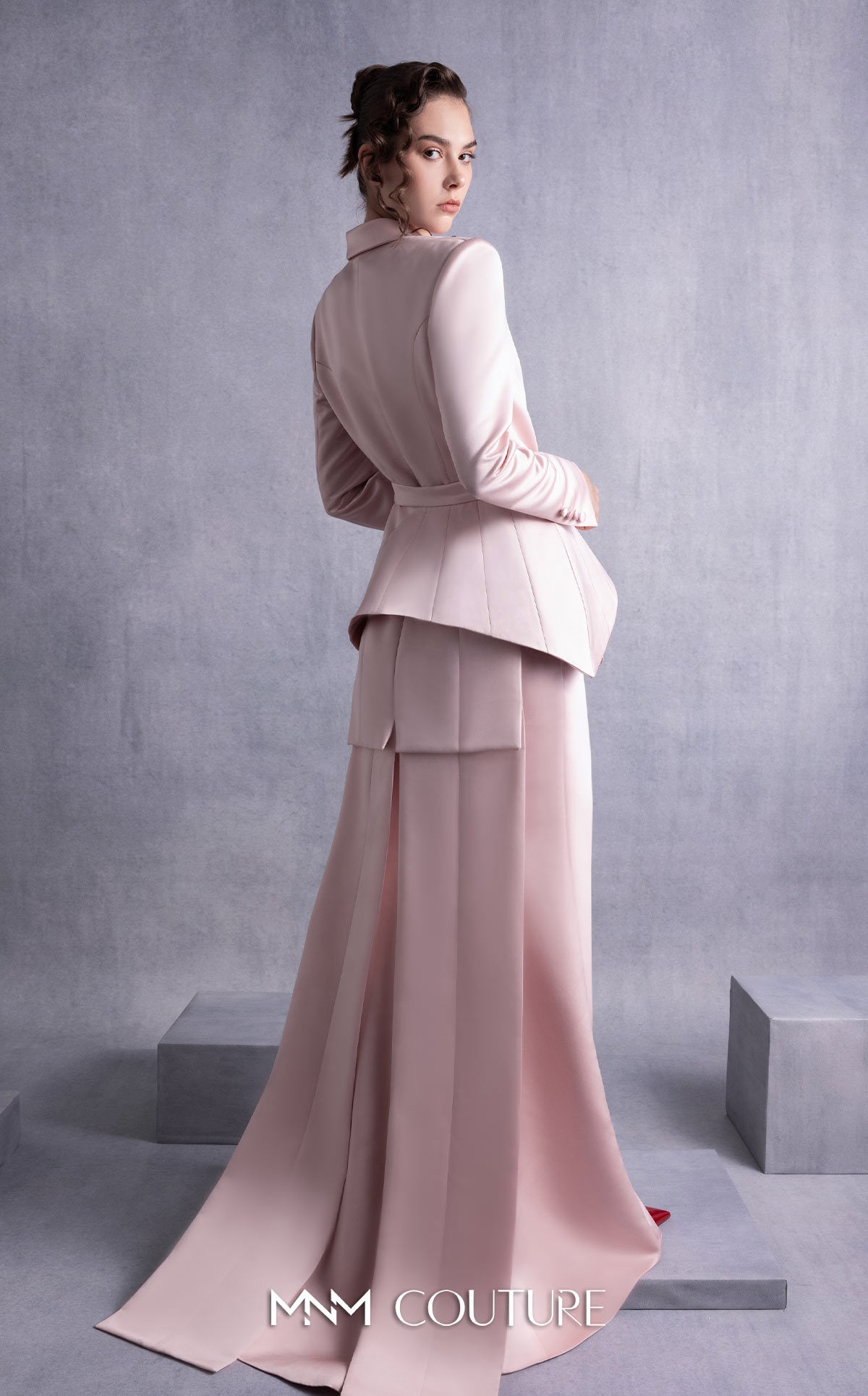 Style GOS2532 Pink Razmir Jacket with Train and Structured Peplum Belt Razmir Layered Skirt