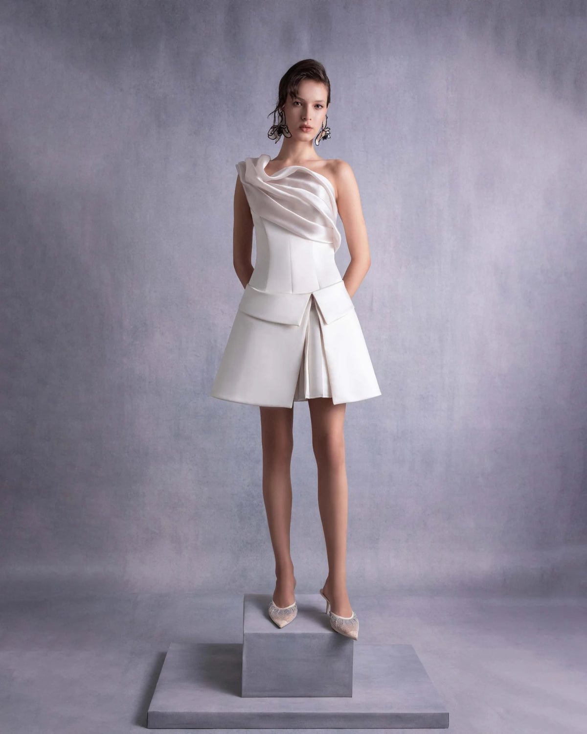 Style GOS2537 Ivory Razmir Short Dress, Draped Organza Shoulder