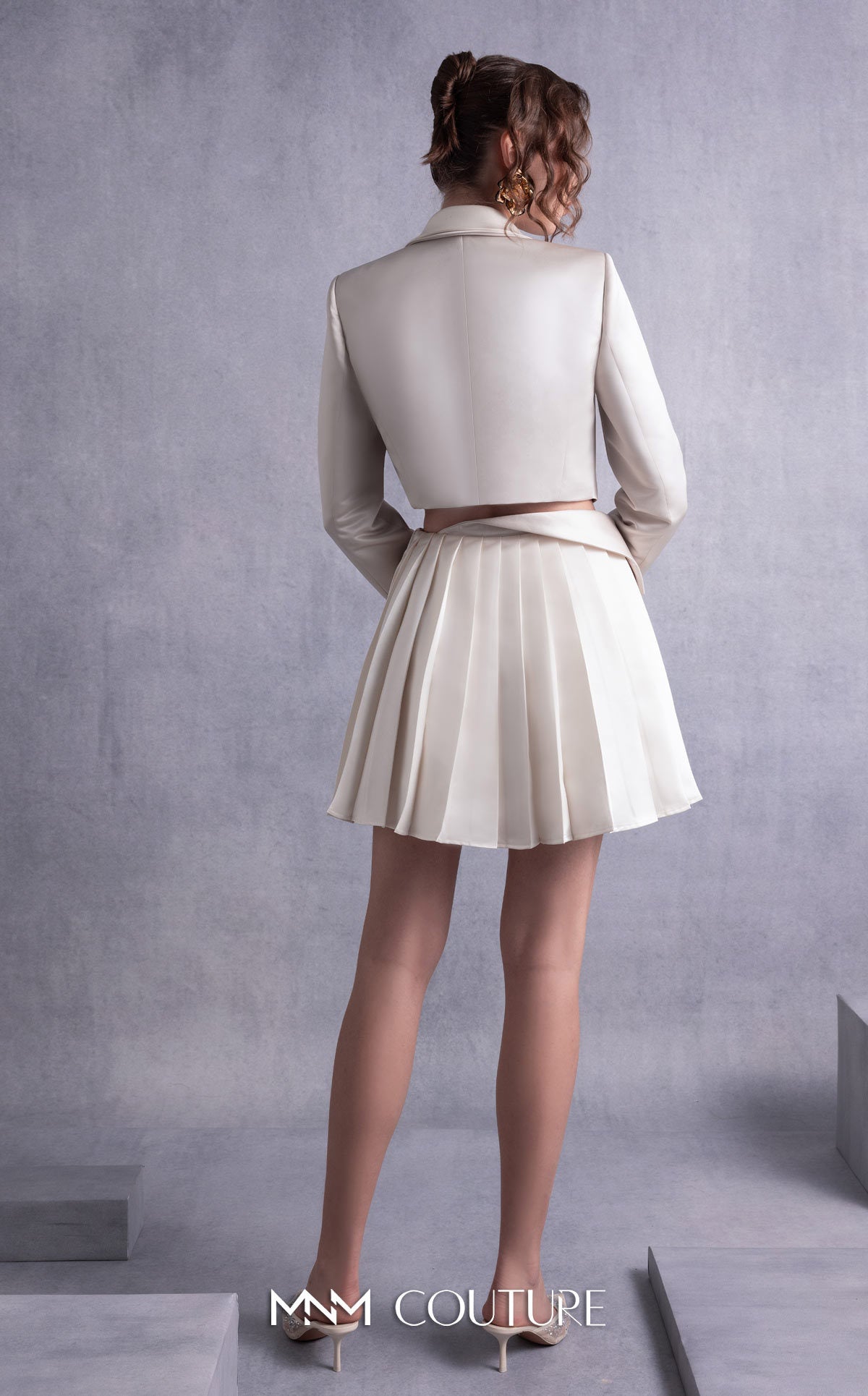 Style GOS2539 Cropped Gold Champagne Razmir Jacket Pleated Gold Razmir Skirt with Draped Accents