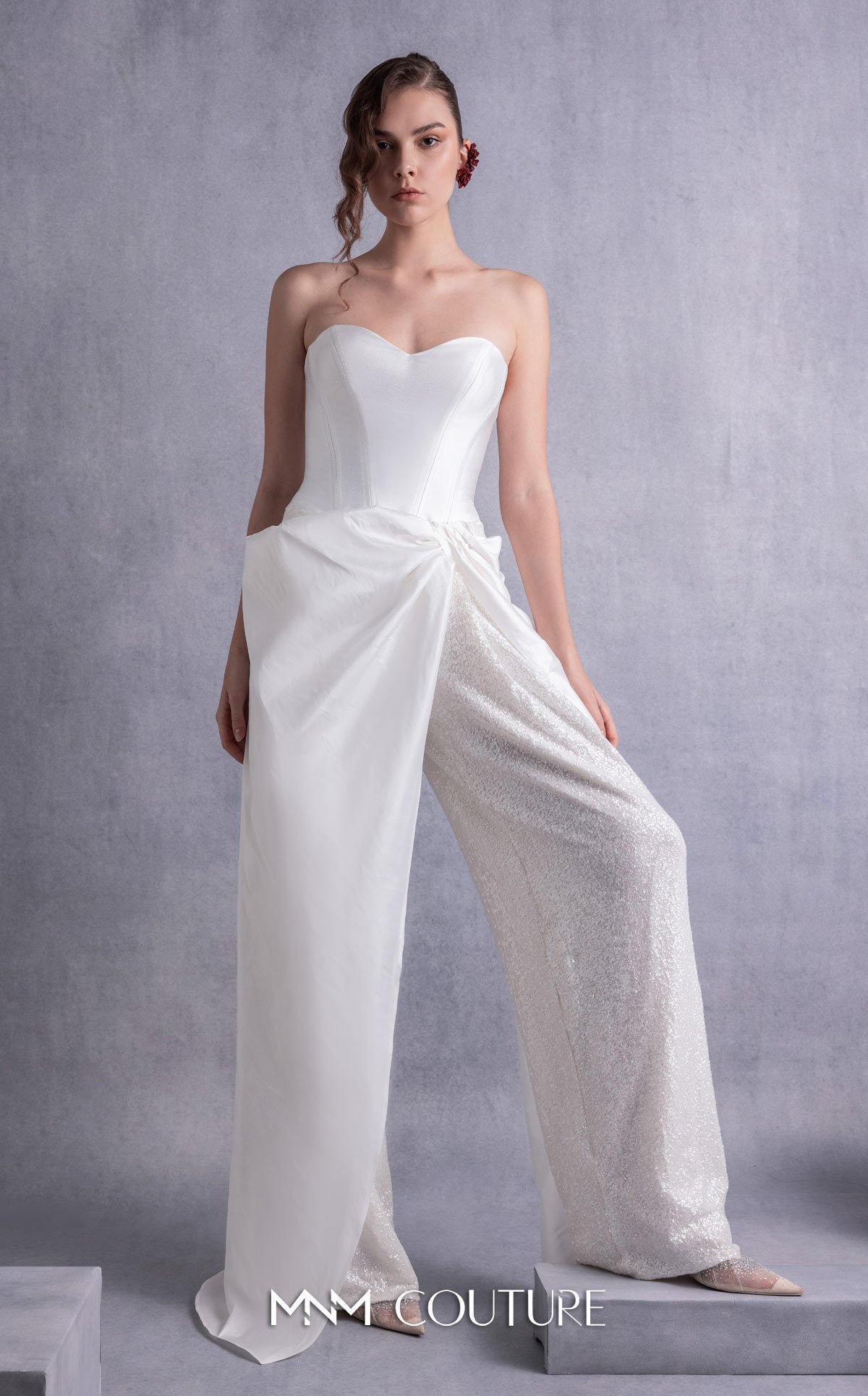 Style GOS2540 Heart Shaped Piqué Corset Top Sequined Wide-Leg Pants with Taffeta Overlay