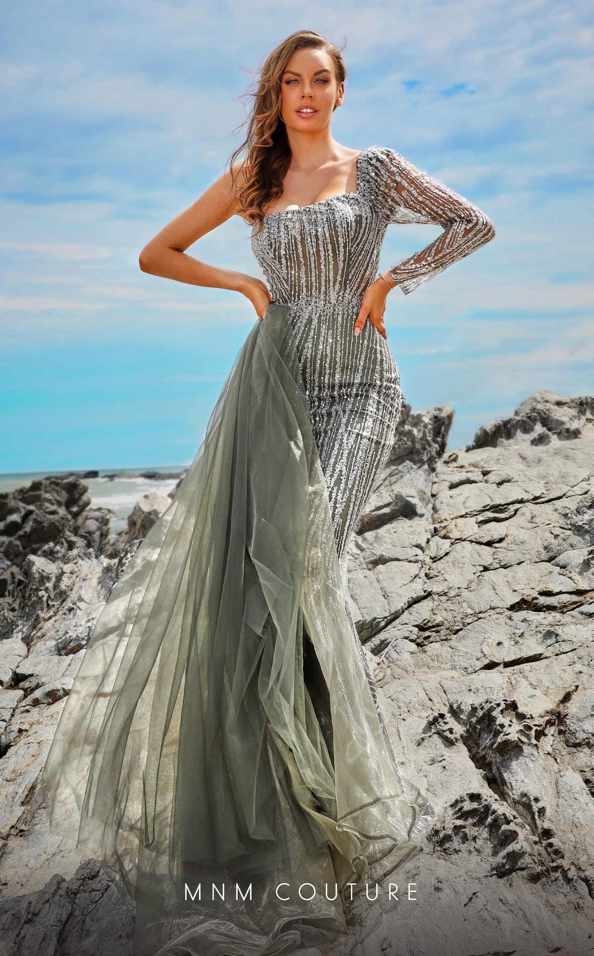 green emerald velvet dress MNM Couture K4031