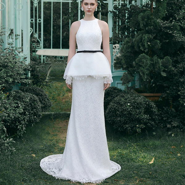 Ory Set – Lace Peplum Column Gown with Bow Belt